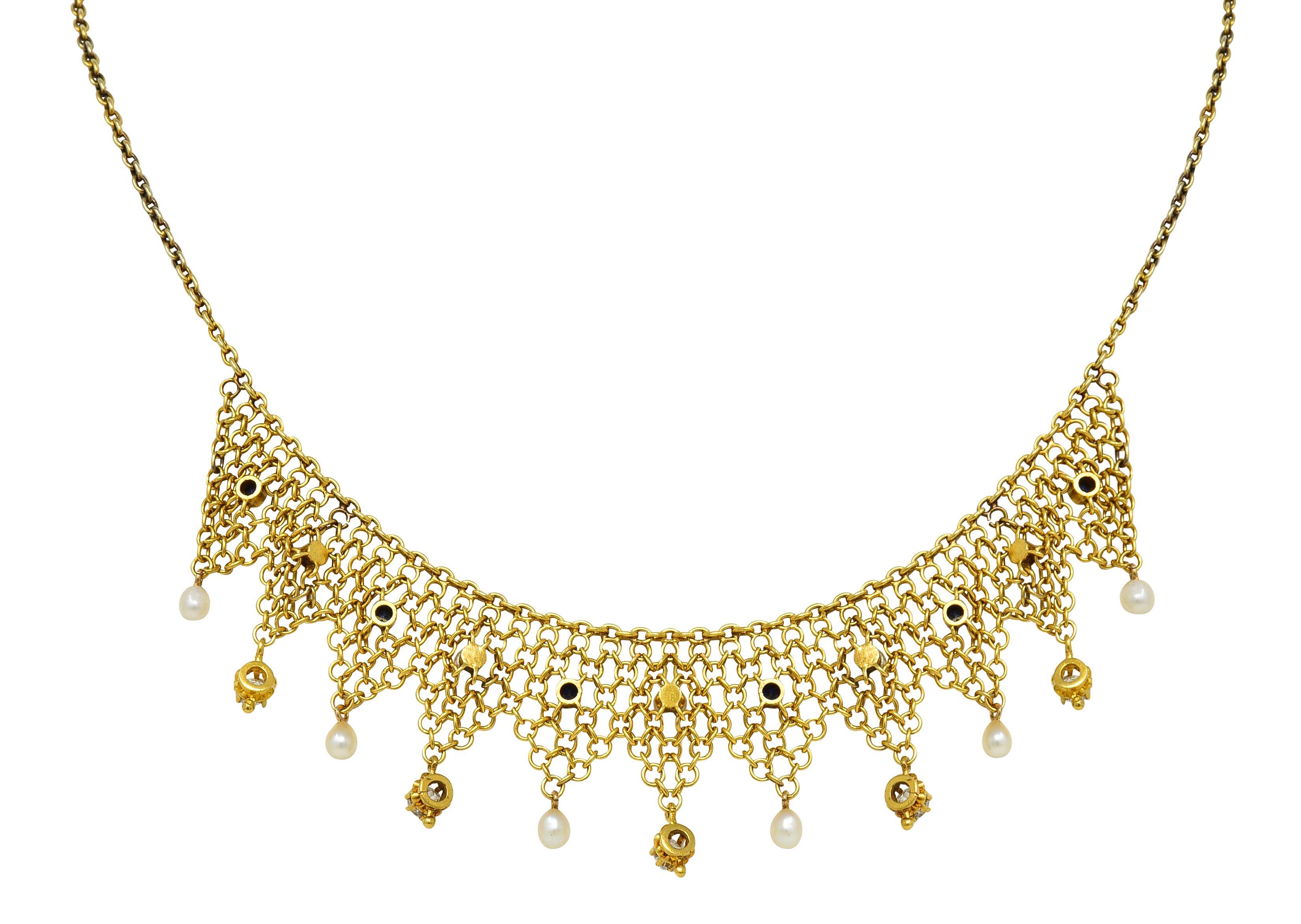Women's or Men's Victorian Russian 1.00 CTW Diamond Sapphire Pearl 14 Karat Gold Fringe Necklace