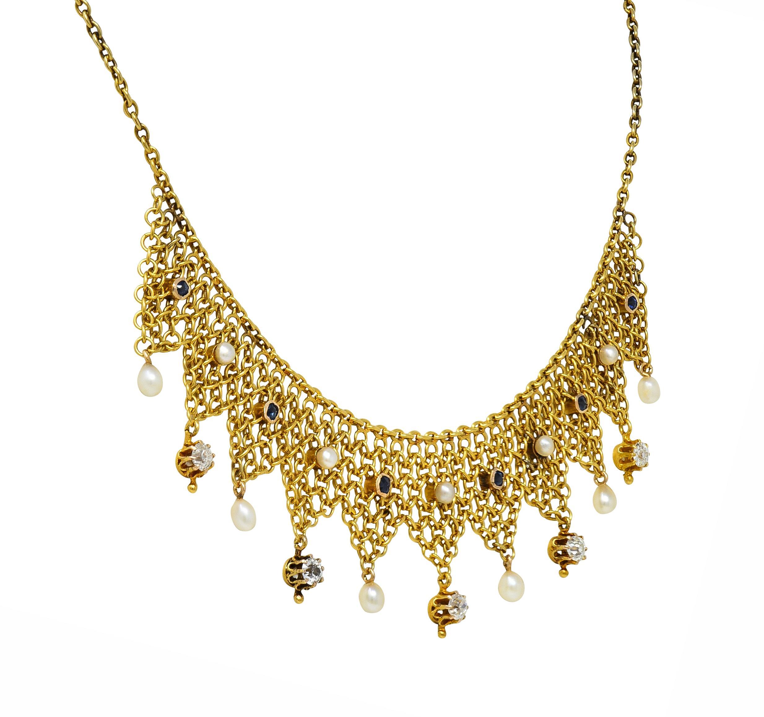 Victorian Russian 1.00 CTW Diamond Sapphire Pearl 14 Karat Gold Fringe Necklace For Sale 1