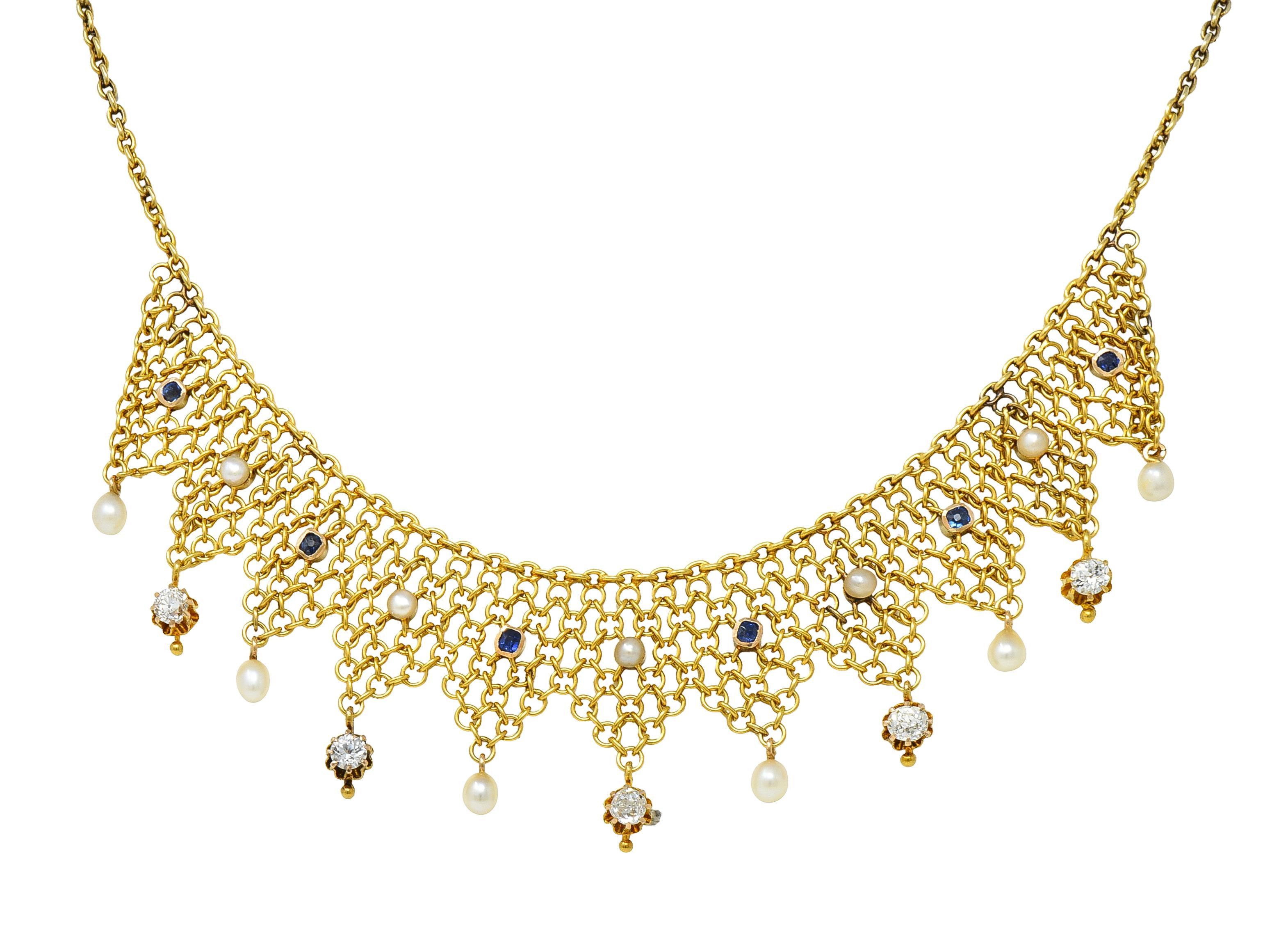 Victorian Russian 1.00 CTW Diamond Sapphire Pearl 14 Karat Gold Fringe Necklace 4