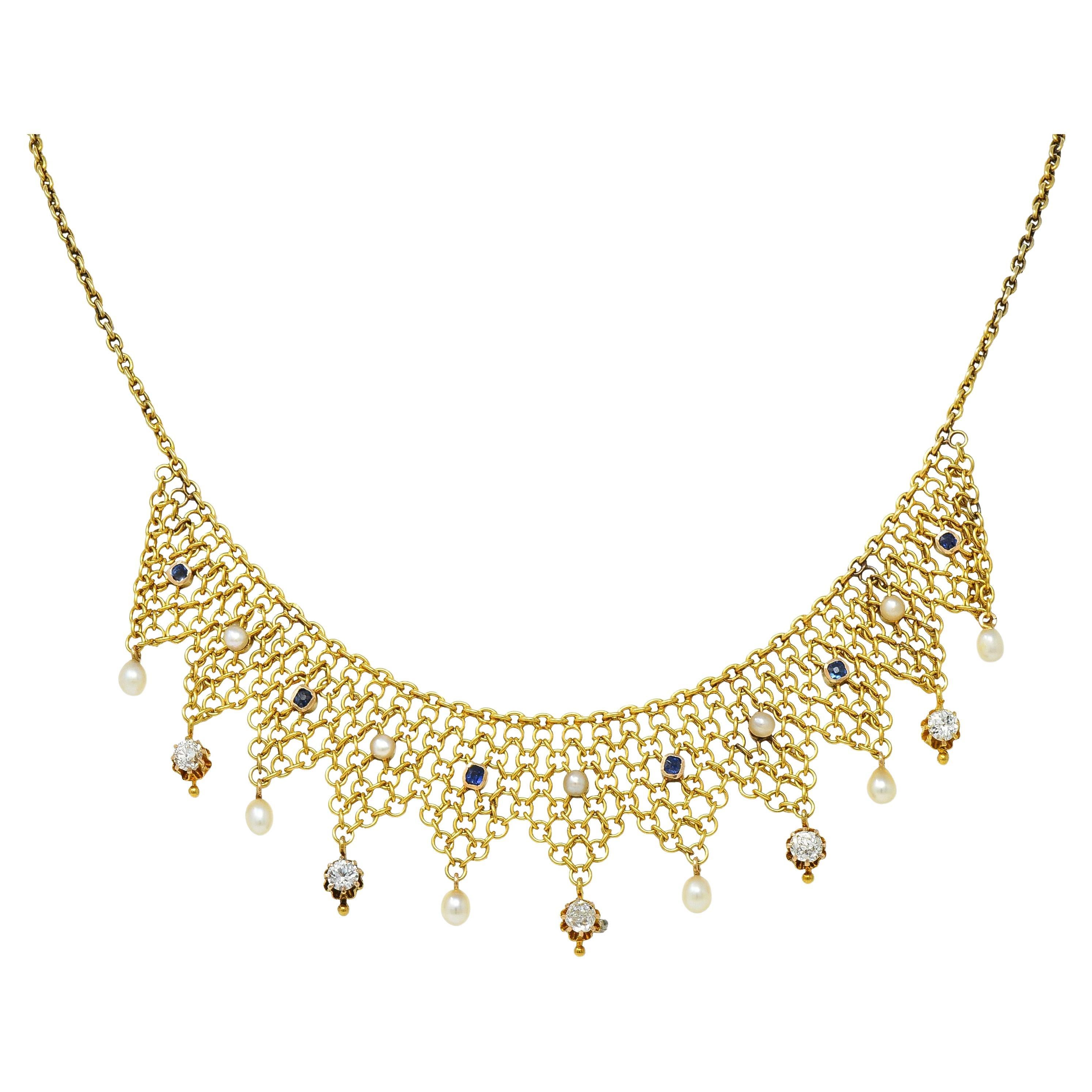 Victorian Russian 1.00 CTW Diamond Sapphire Pearl 14 Karat Gold Fringe Necklace For Sale