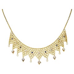 Collier russe victorien 1.00 CTW Diamond Sapphire Pearl 14 Karat Gold Fringe Necklace