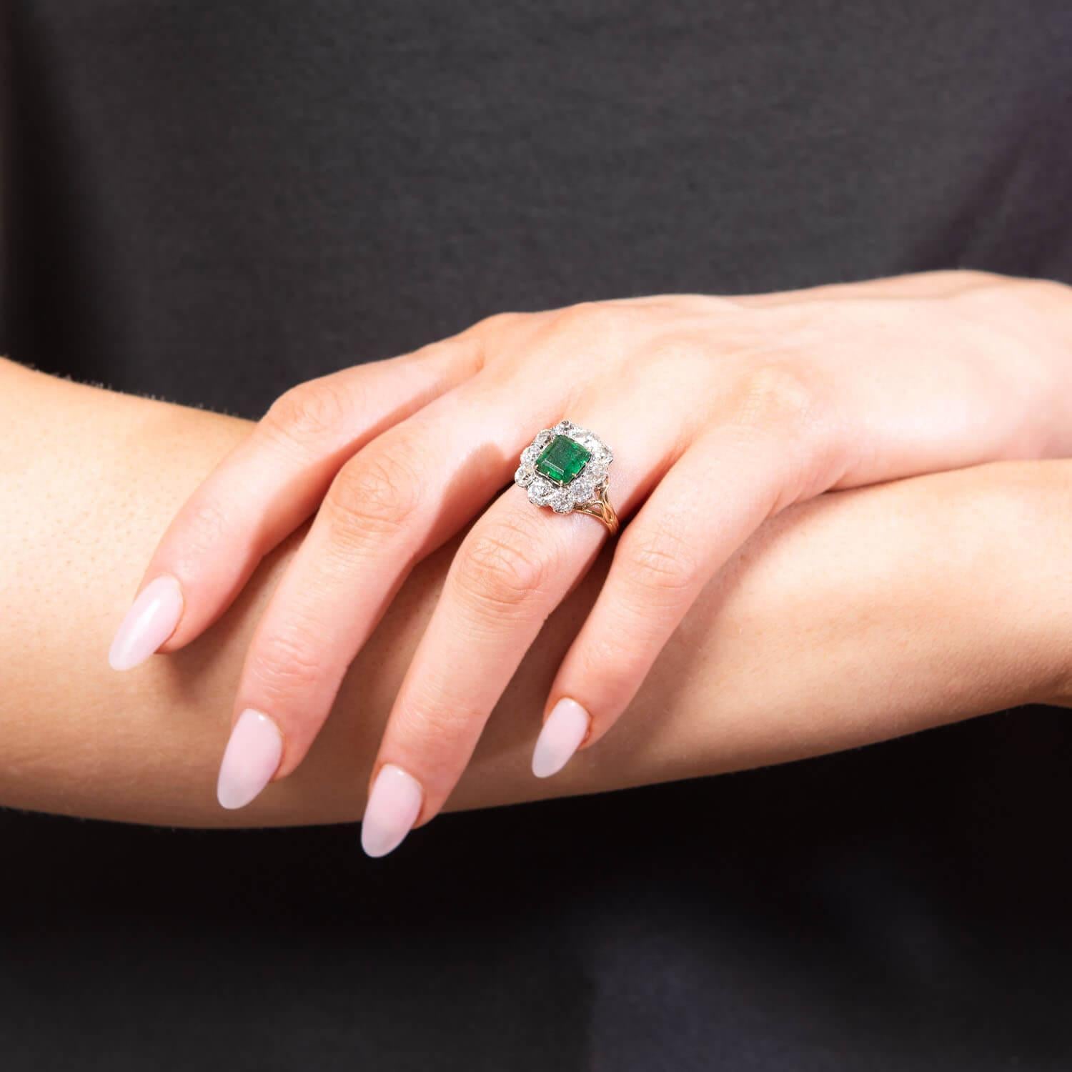 da uomo o donna Anello vittoriano russo in argento 925 e 14k con smeraldo e diamante a raggiera in vendita