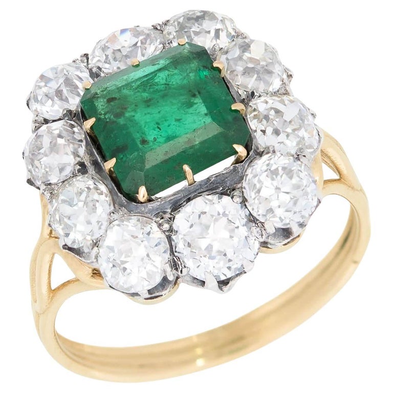 Victorian Russian 14k and Sterling Silver Emerald and Diamond Halo