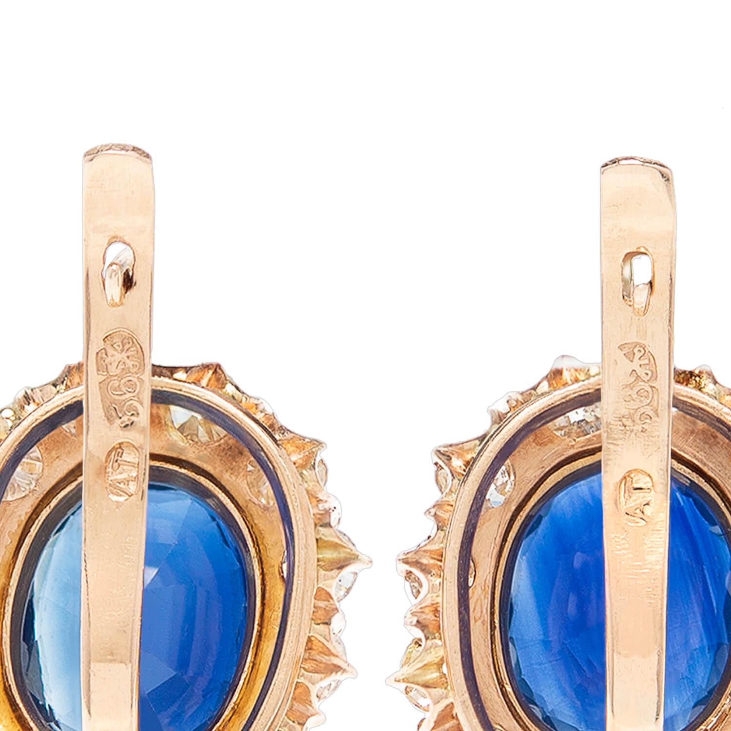 Taille ovale Boucles d'oreilles russes victoriennes en saphir 14 carats et diamants en vente