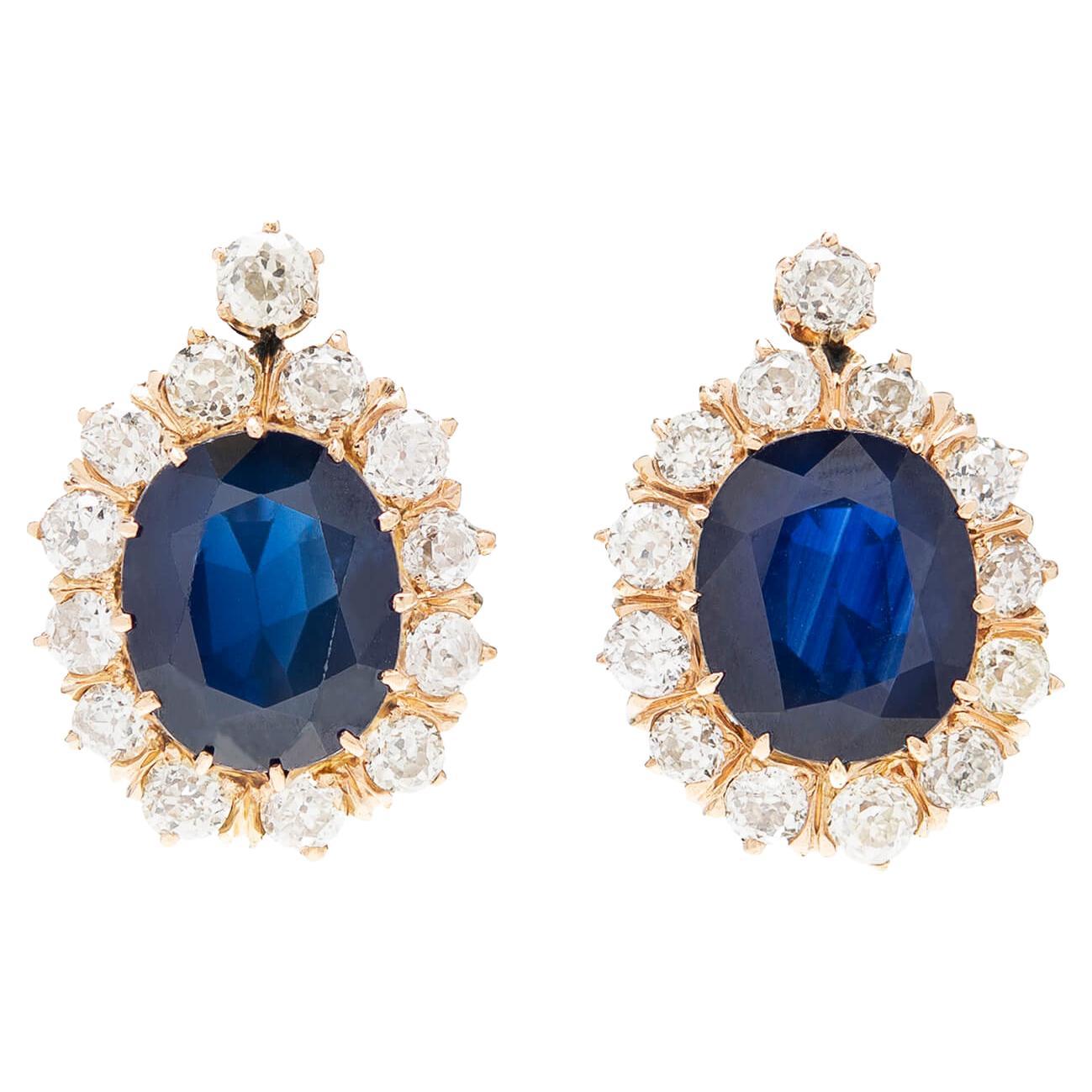 Victorian Russian 14k Sapphire & Diamond Cluster Earrings For Sale
