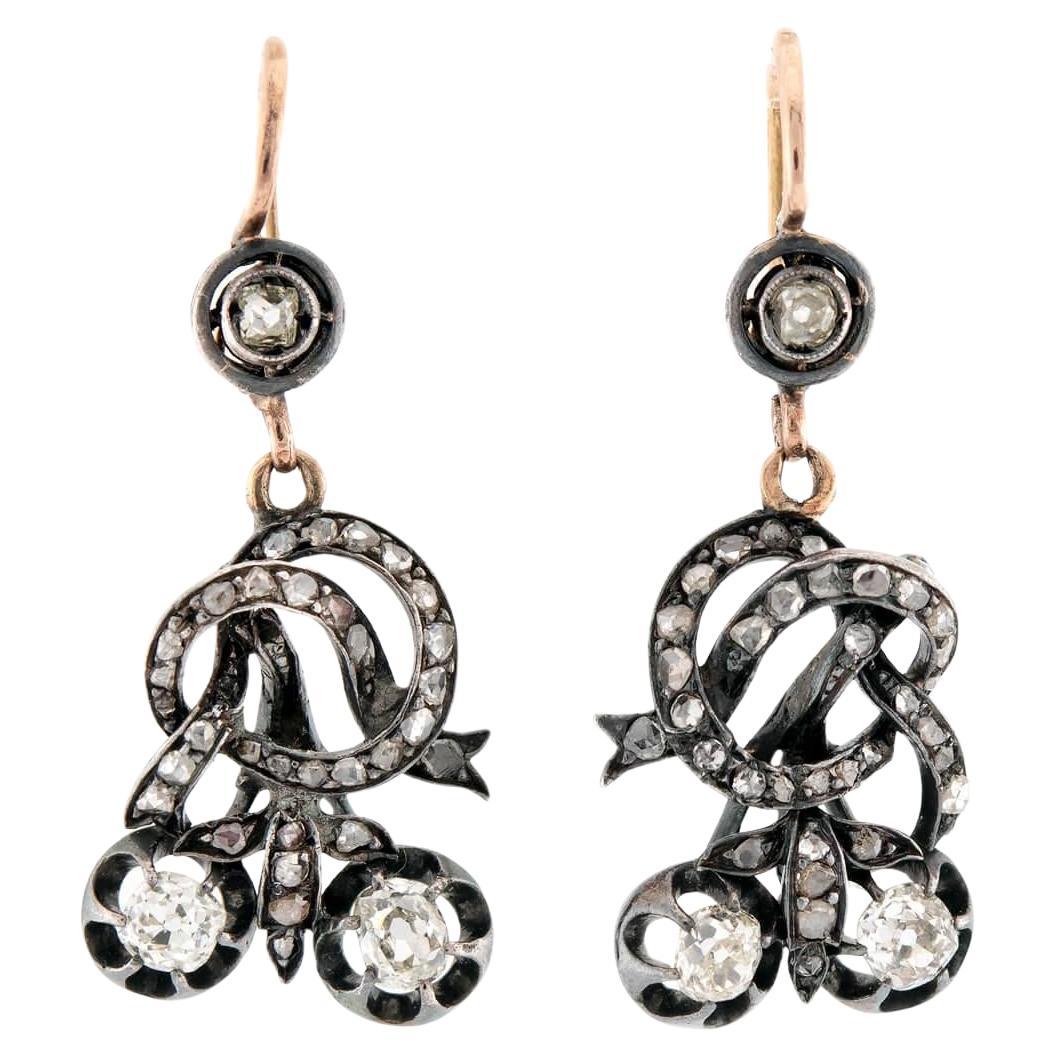 Victorian Russian 18k & Sterling Silver Love Knot Dangle Earrings