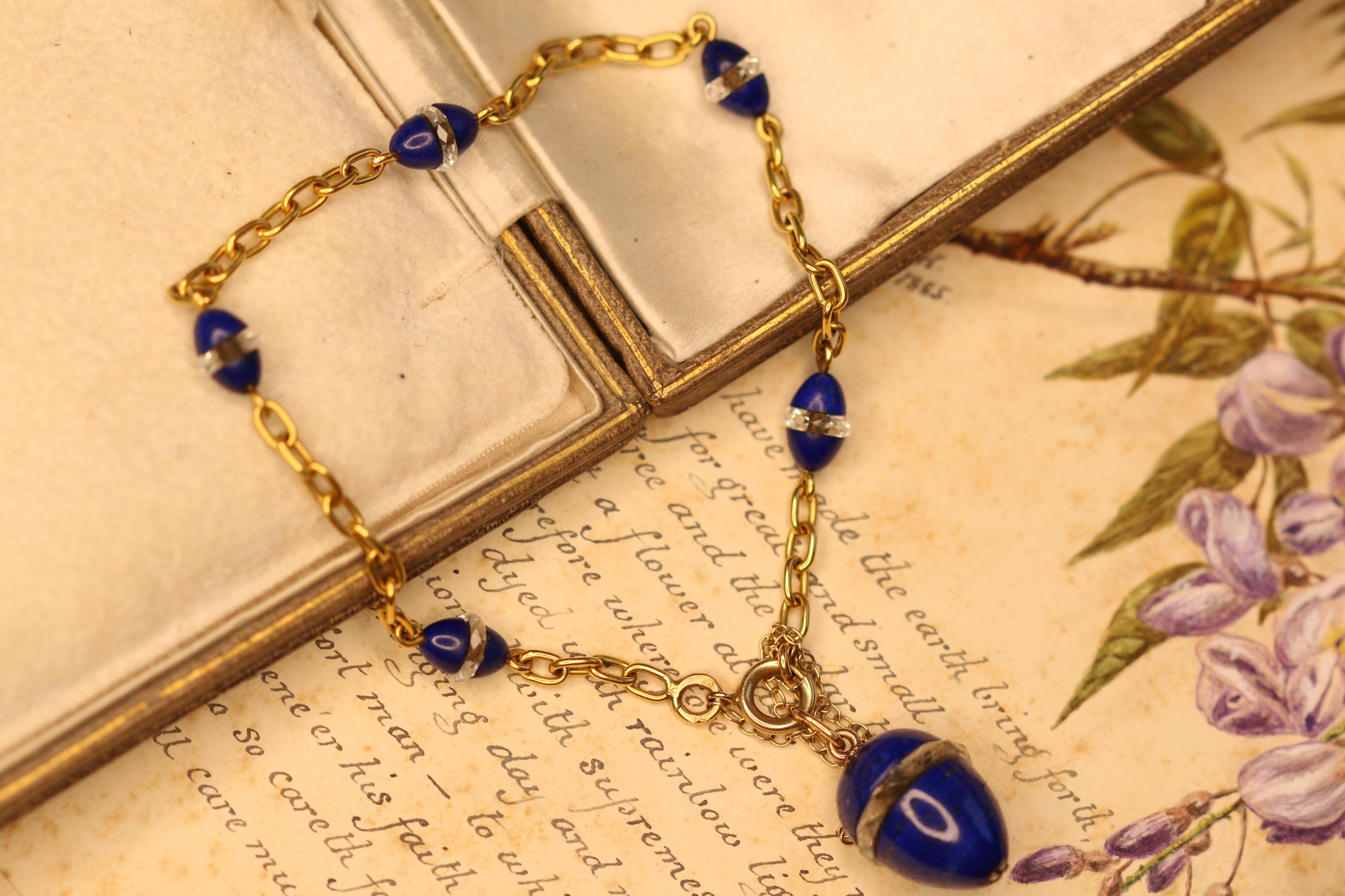 Victorian Russian Lapis Lazuli, Crystal Rondel Egg 14 Karat Gold Bracelet In Excellent Condition In Banbury, GB