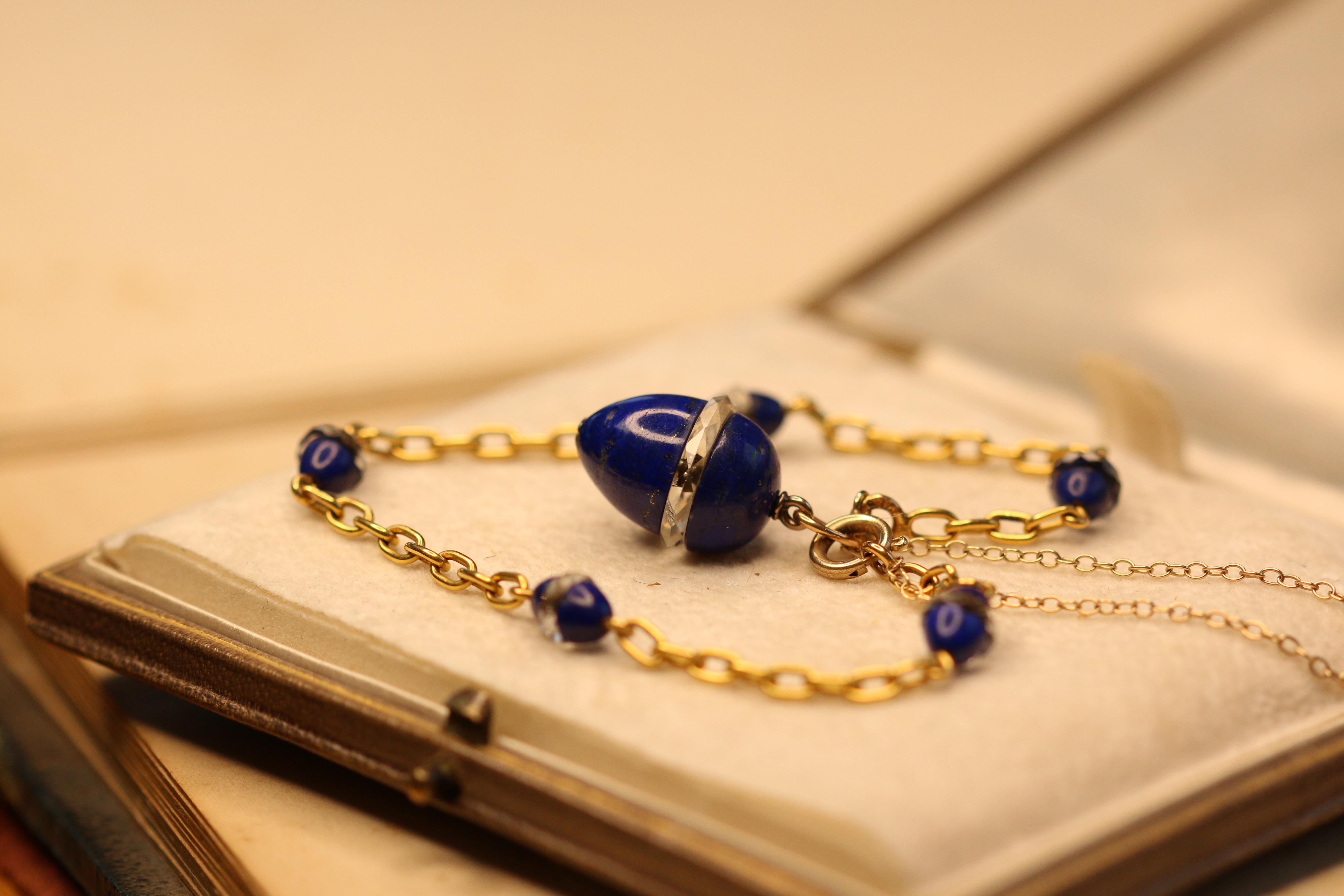 Victorian Russian Lapis Lazuli, Crystal Rondel Egg 14 Karat Gold Bracelet 1