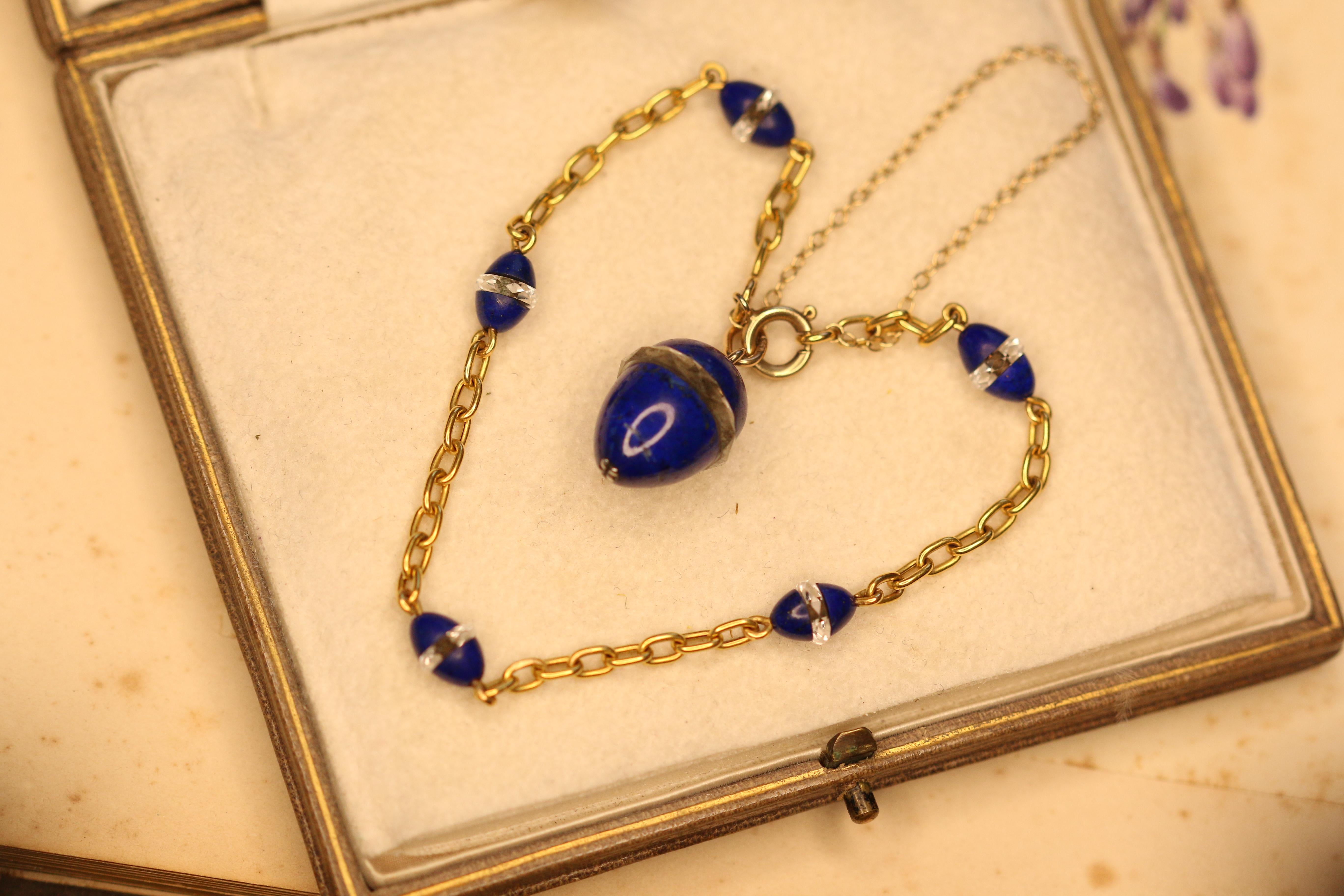 Victorian Russian Lapis Lazuli, Crystal Rondel Egg 14 Karat Gold Bracelet 2