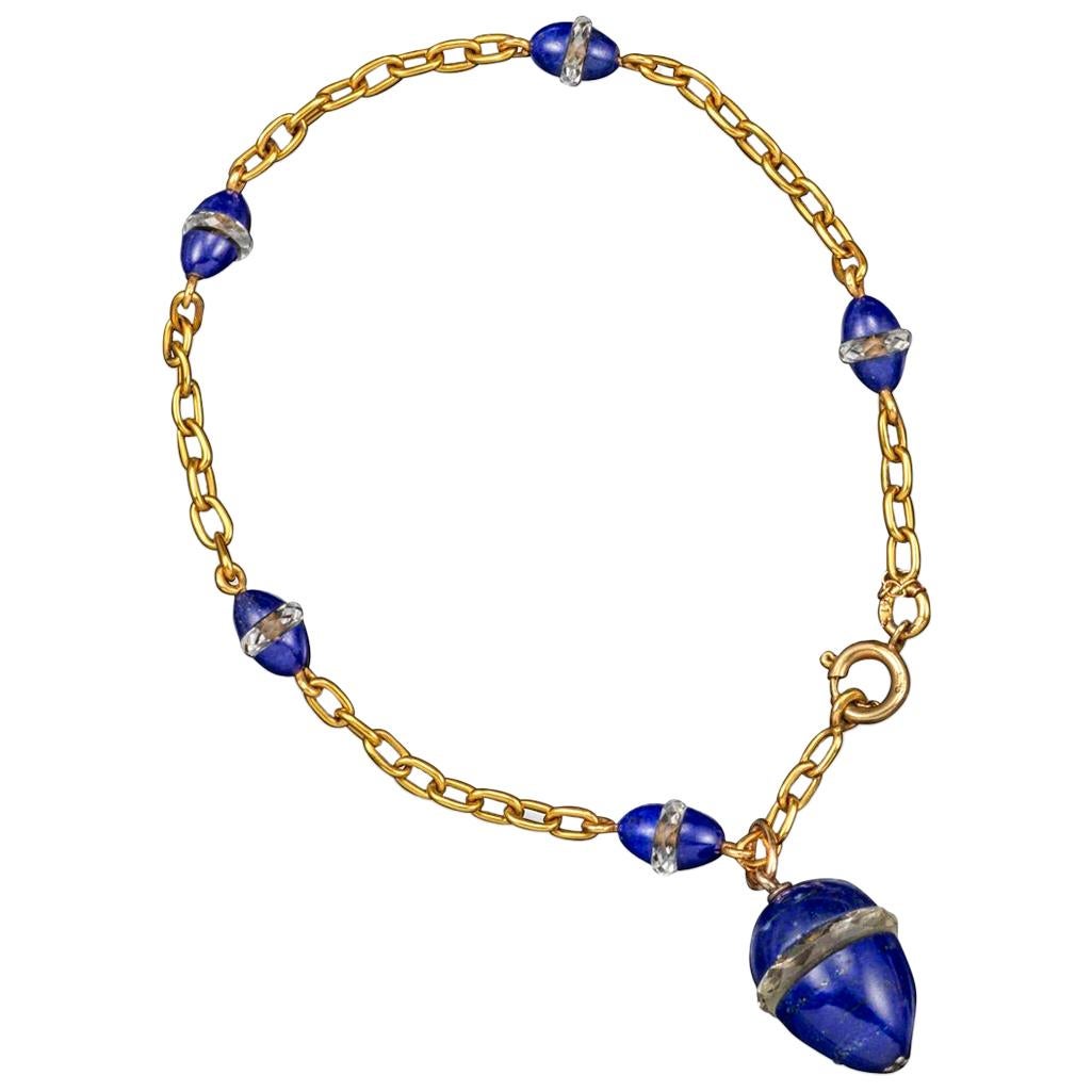Victorian Russian Lapis Lazuli, Crystal Rondel Egg 14 Karat Gold Bracelet