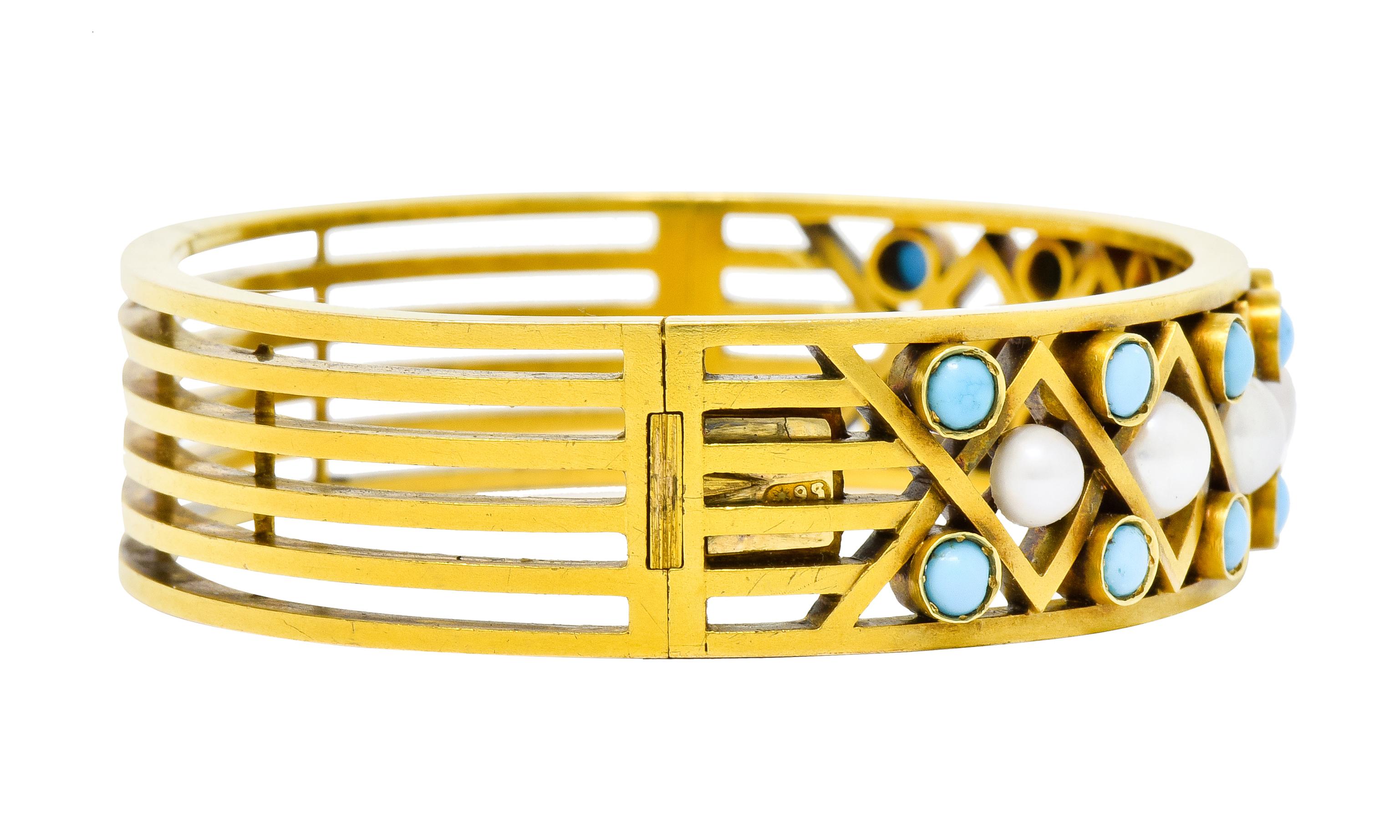 Cabochon Victorian Russian Pearl Turquoise 14 Karat Gold Decorous Bangle Bracelet