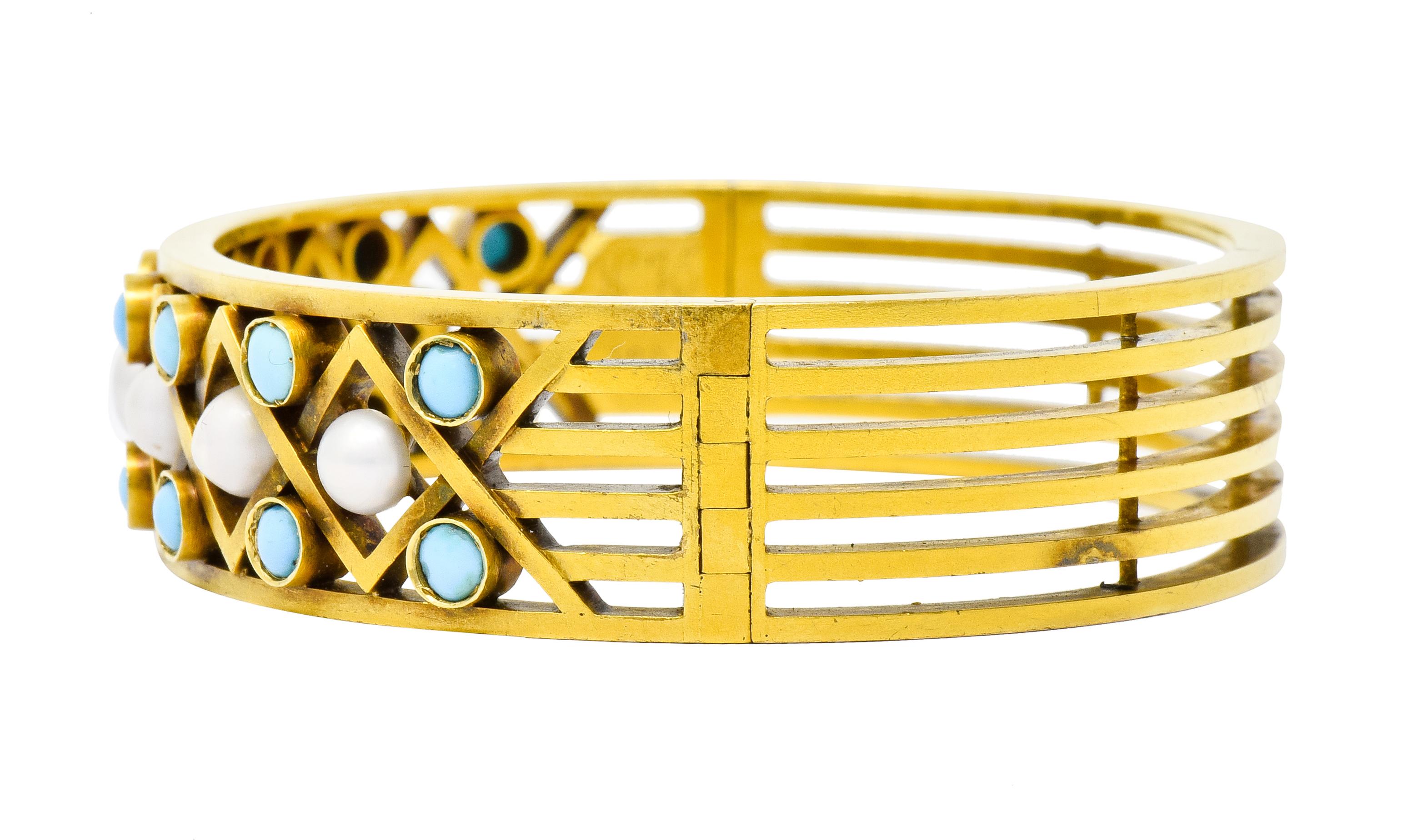 Women's or Men's Victorian Russian Pearl Turquoise 14 Karat Gold Decorous Bangle Bracelet