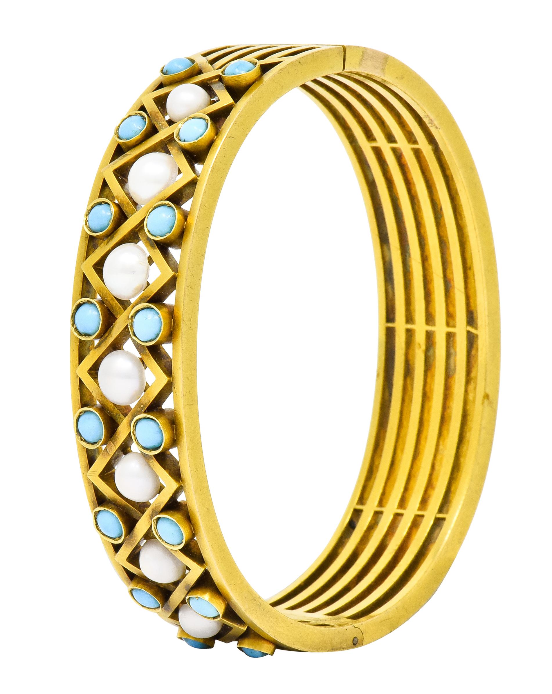 Victorian Russian Pearl Turquoise 14 Karat Gold Decorous Bangle Bracelet 4