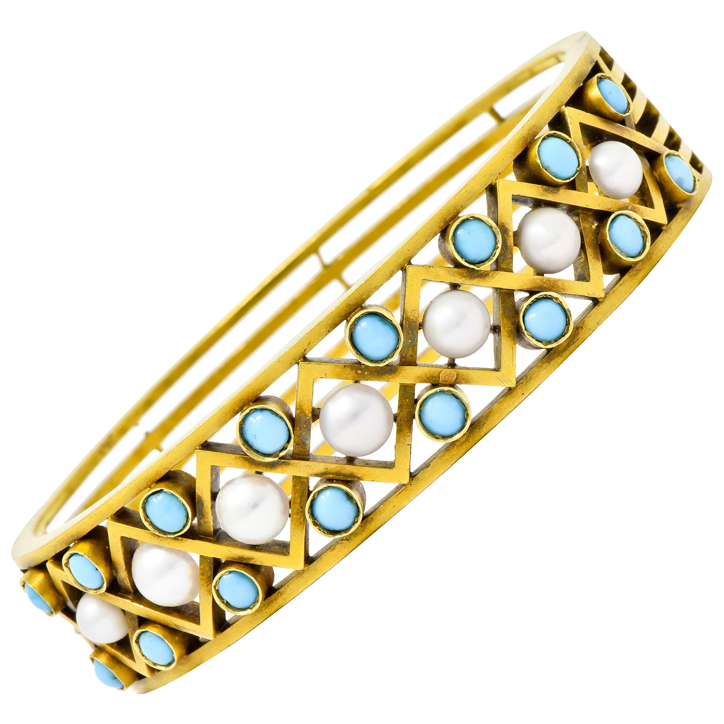 Victorian Russian Pearl Turquoise 14 Karat Gold Decorous Bangle Bracelet
