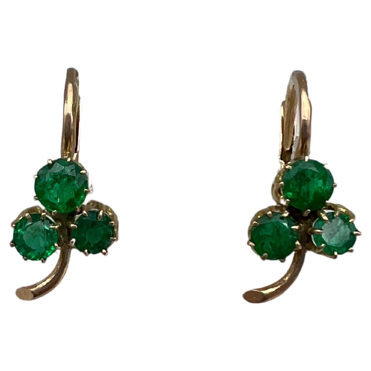 Victorian Russian Yellow Gold Emerald Clover Earrings