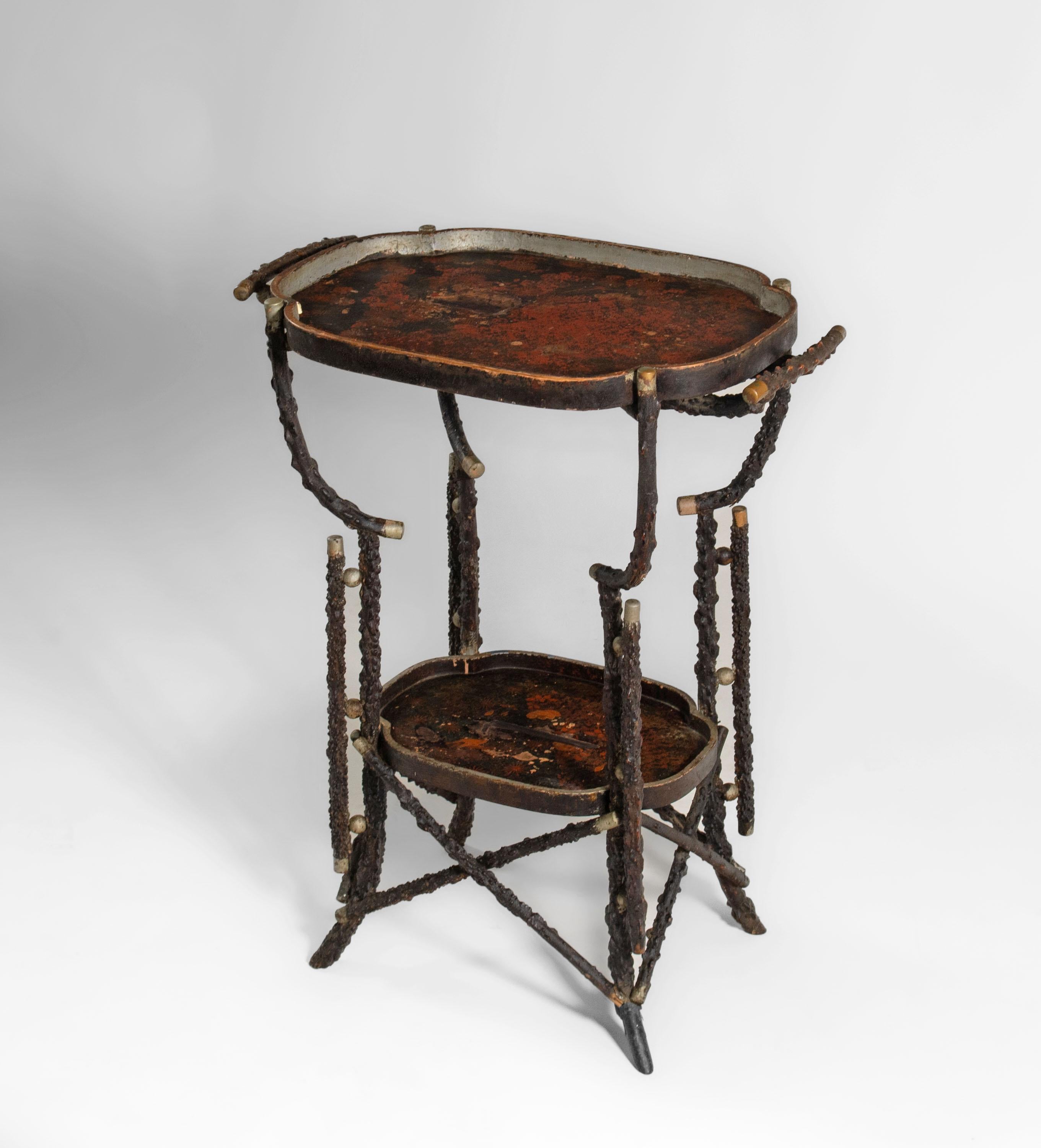 Victorian Rustic Branch Twig Folk Art Side Table With Chinoiserie Top For Sale 3
