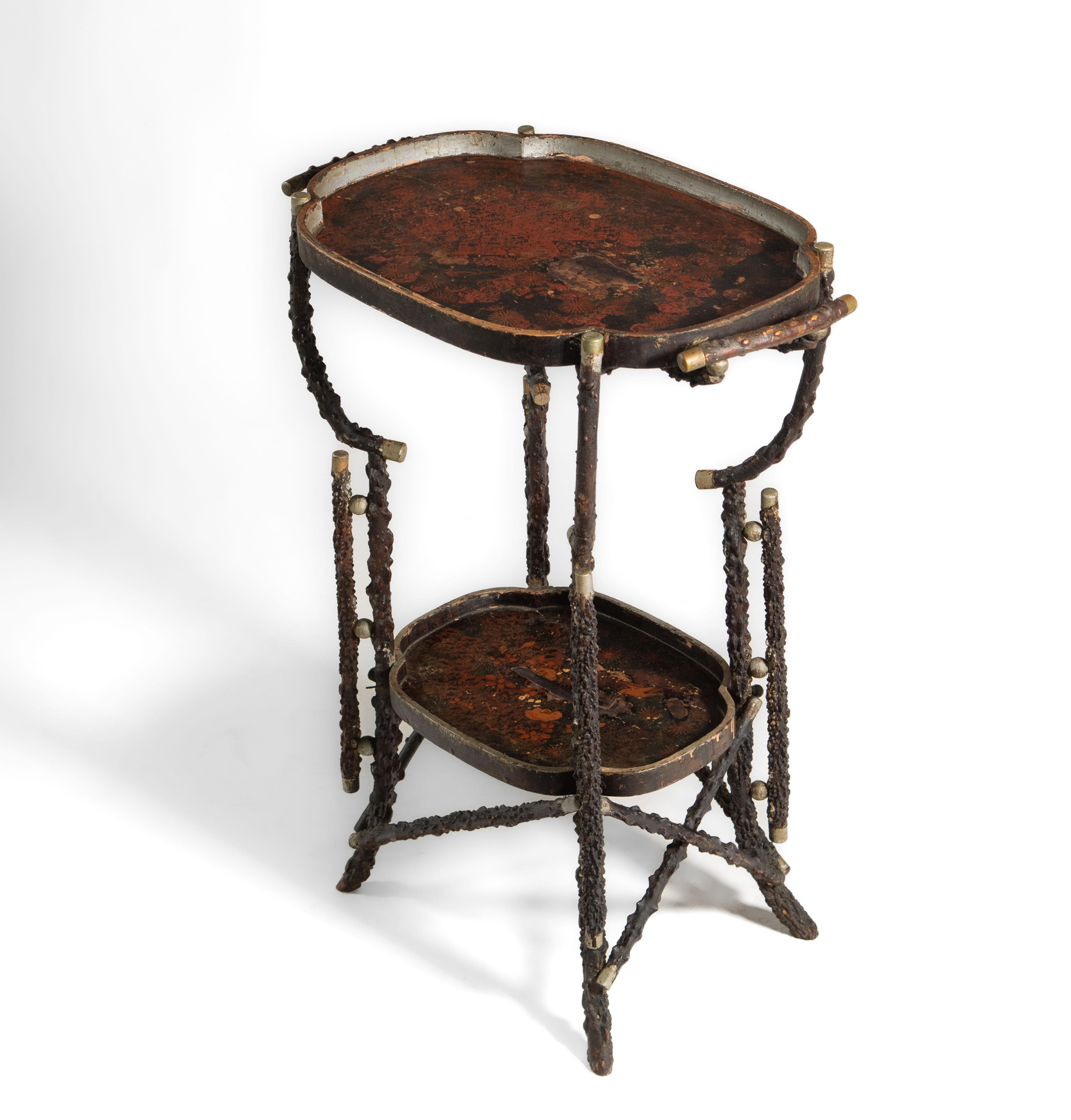 Victorian Rustic Branch Twig Folk Art Side Table With Chinoiserie Top For Sale 4