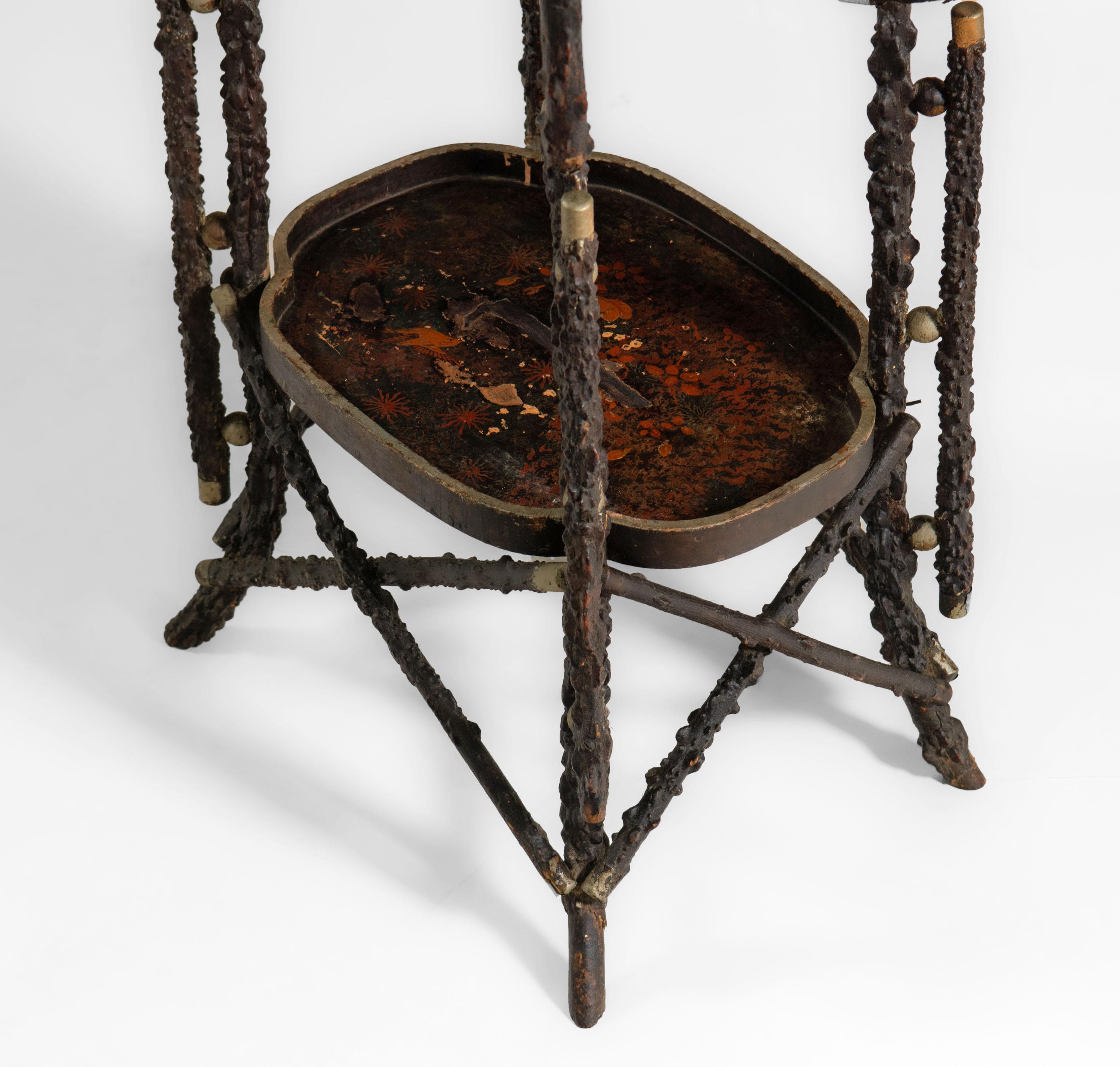 Hand-Crafted Victorian Rustic Branch Twig Folk Art Side Table With Chinoiserie Top For Sale
