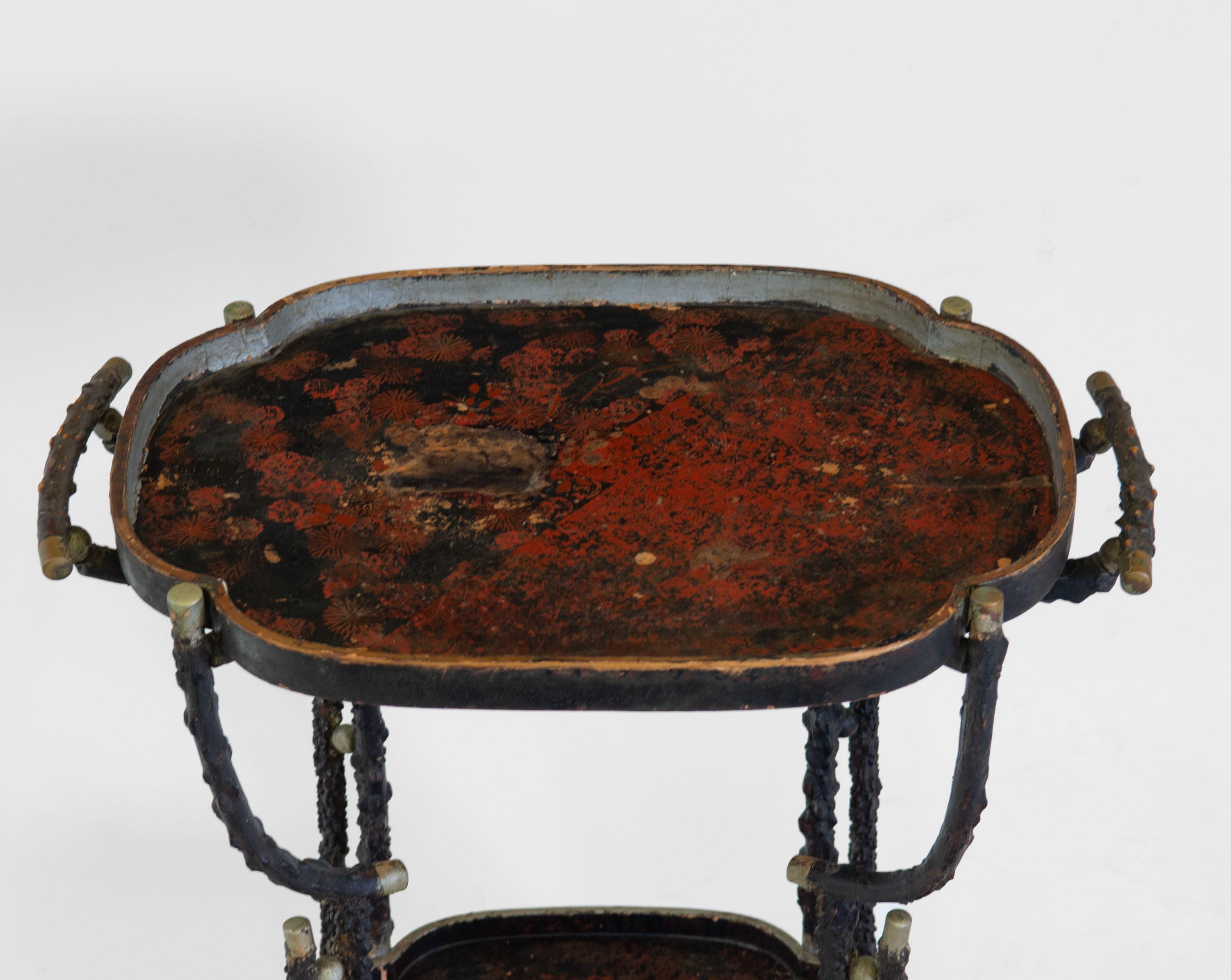 Brass Victorian Rustic Branch Twig Folk Art Side Table With Chinoiserie Top For Sale