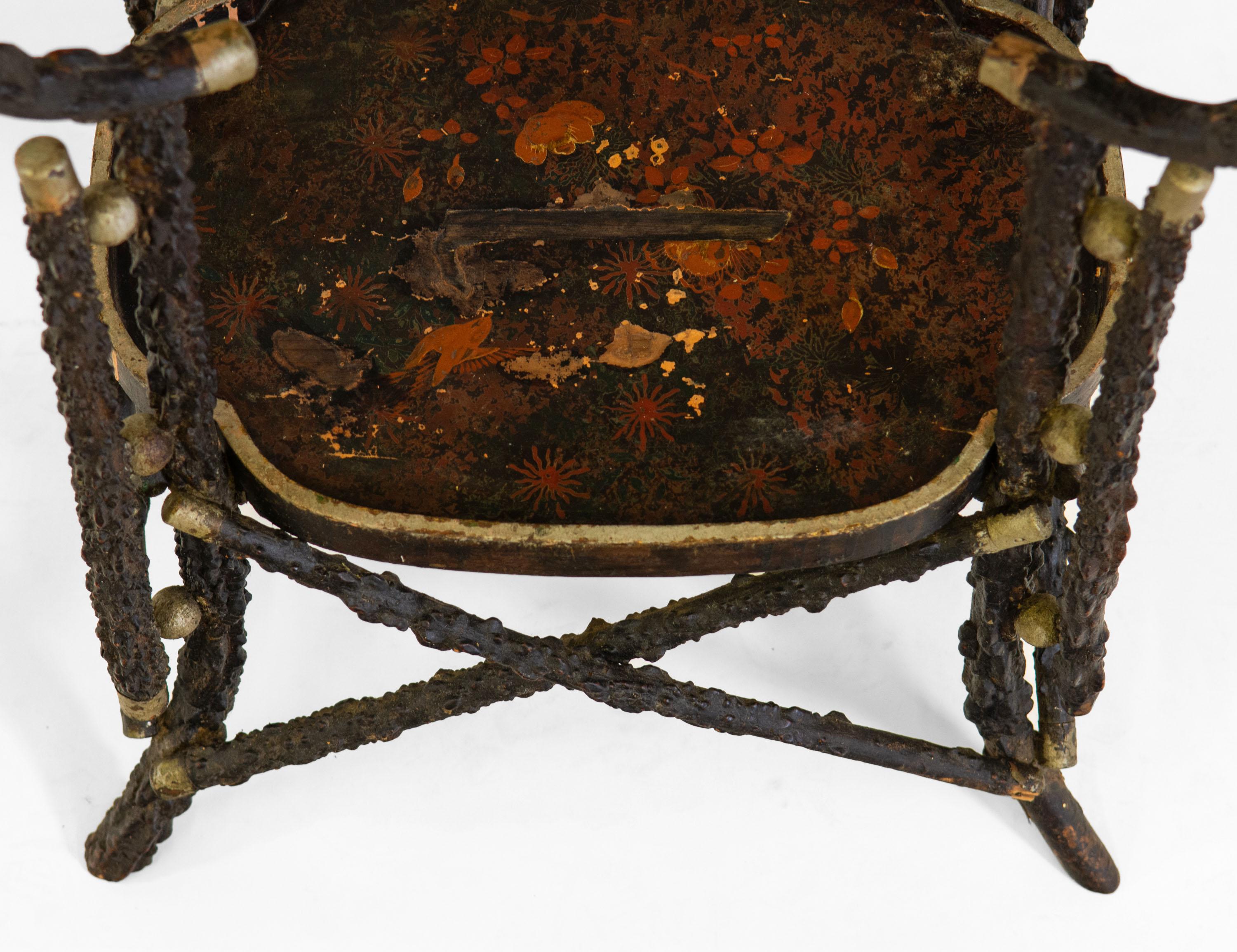 Victorian Rustic Branch Twig Folk Art Side Table With Chinoiserie Top For Sale 2