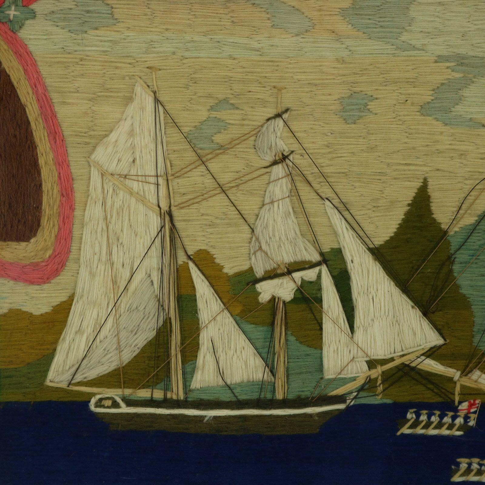 Anglais Tableau de laine de marin de l'époque victorienne représentant des navires et des bateaux à rames en vente