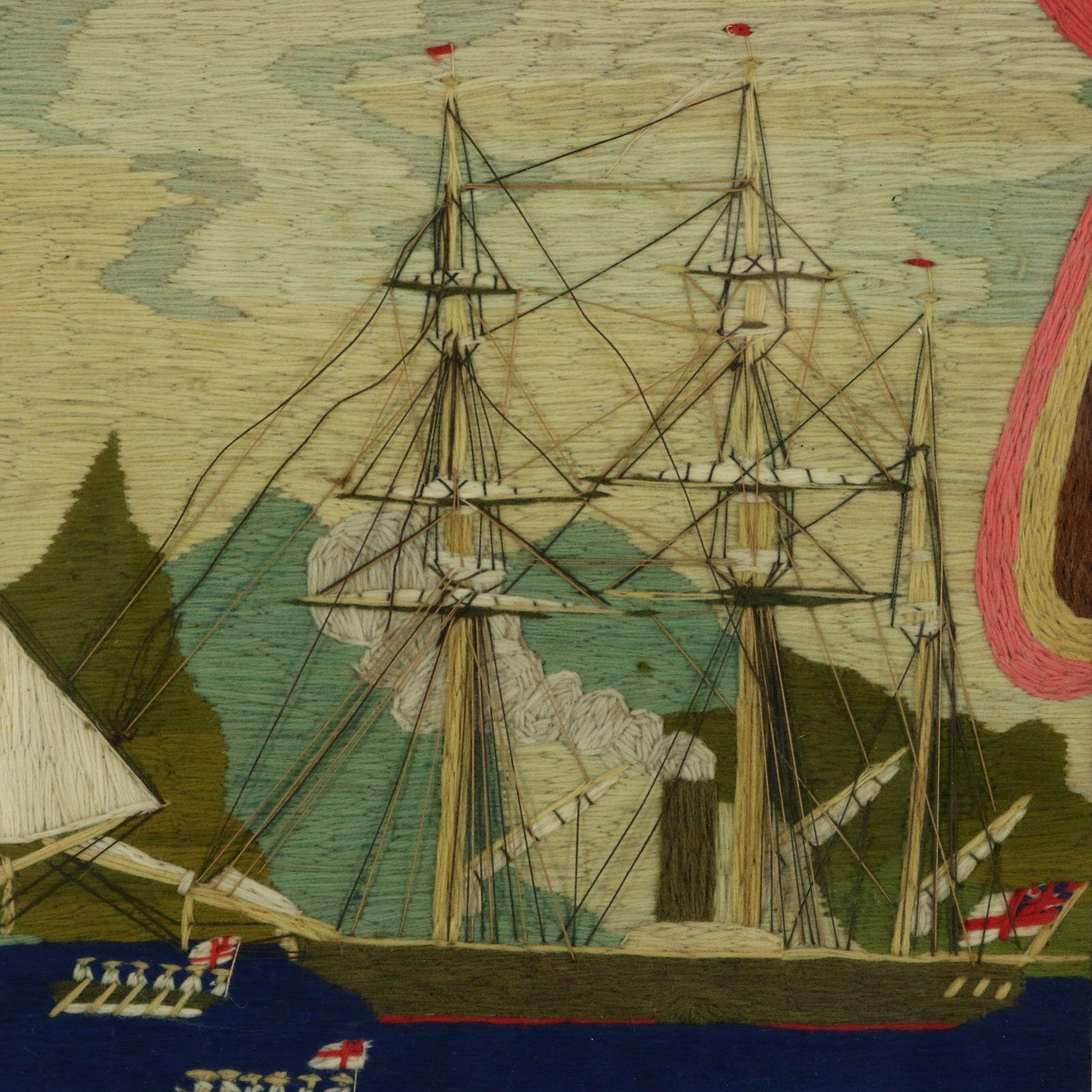 Viktorianisches Seemannswollbild von Schiffen und Ruderbooten aus Wolle im Zustand „Gut“ im Angebot in Chelmsford, Essex