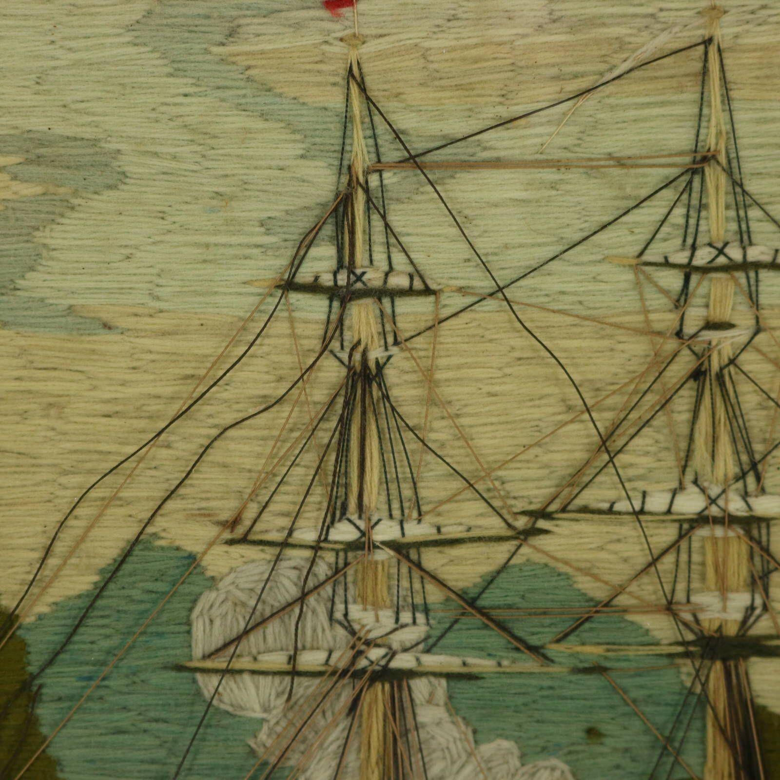 Tableau de laine de marin de l'époque victorienne représentant des navires et des bateaux à rames en vente 2