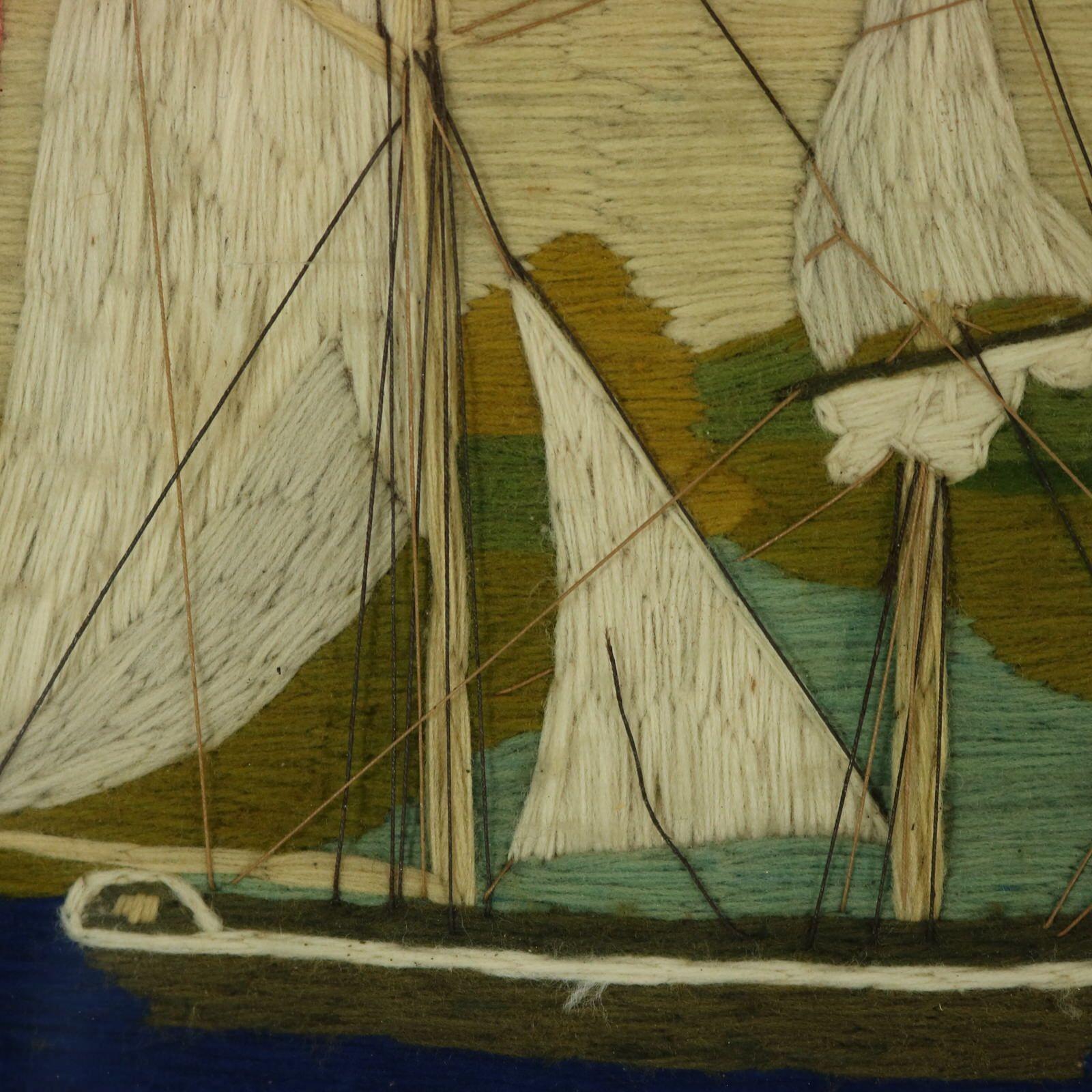 Victorian Sailor's Woolwork Picture of Ships and Rowing Boats For Sale 4