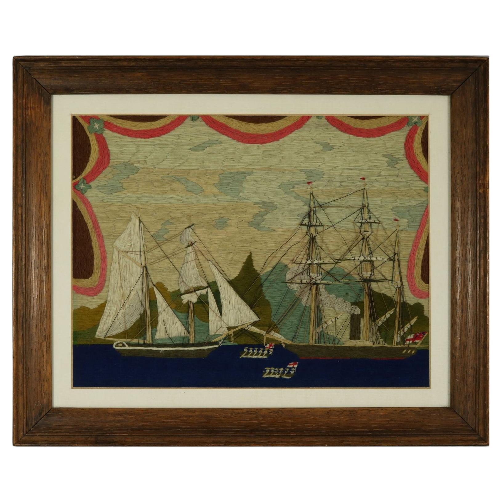 Tableau de laine de marin de l'époque victorienne représentant des navires et des bateaux à rames