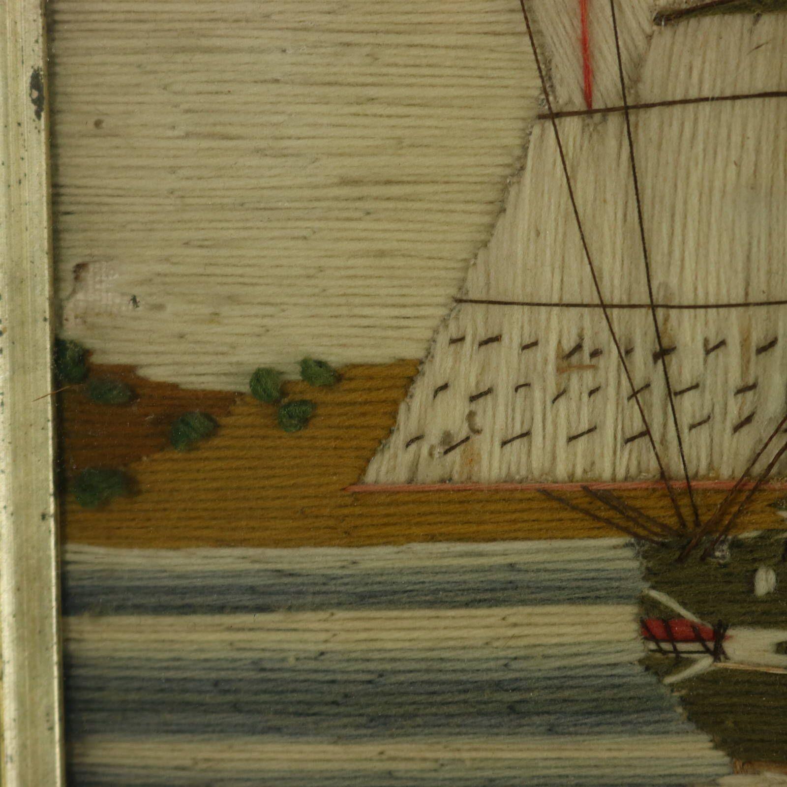 Victorian Sailor's Woolwork Picture of Ships in a Bay For Sale 10