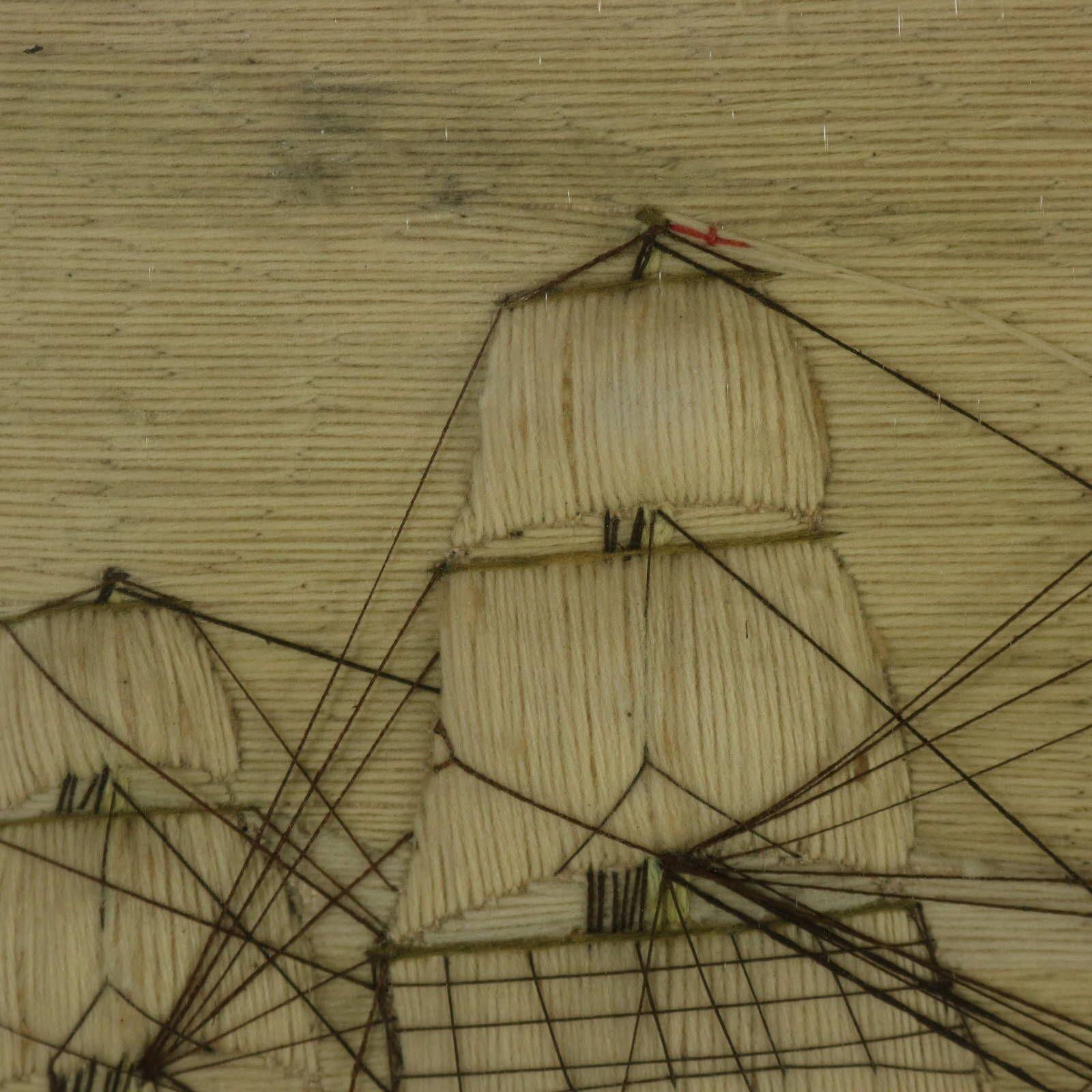 Victorian Sailor's Woolwork Picture of Ships in a Bay For Sale 11