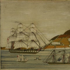 Victorian Sailor's Woolwork Picture of Ships in a Bay