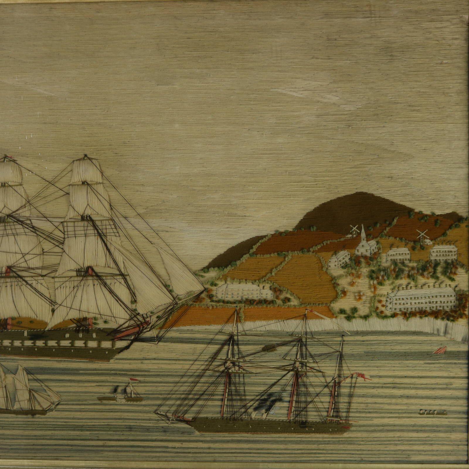 Victorian Sailor's Woolwork Picture of Ships in a Bay In Good Condition For Sale In Chelmsford, Essex