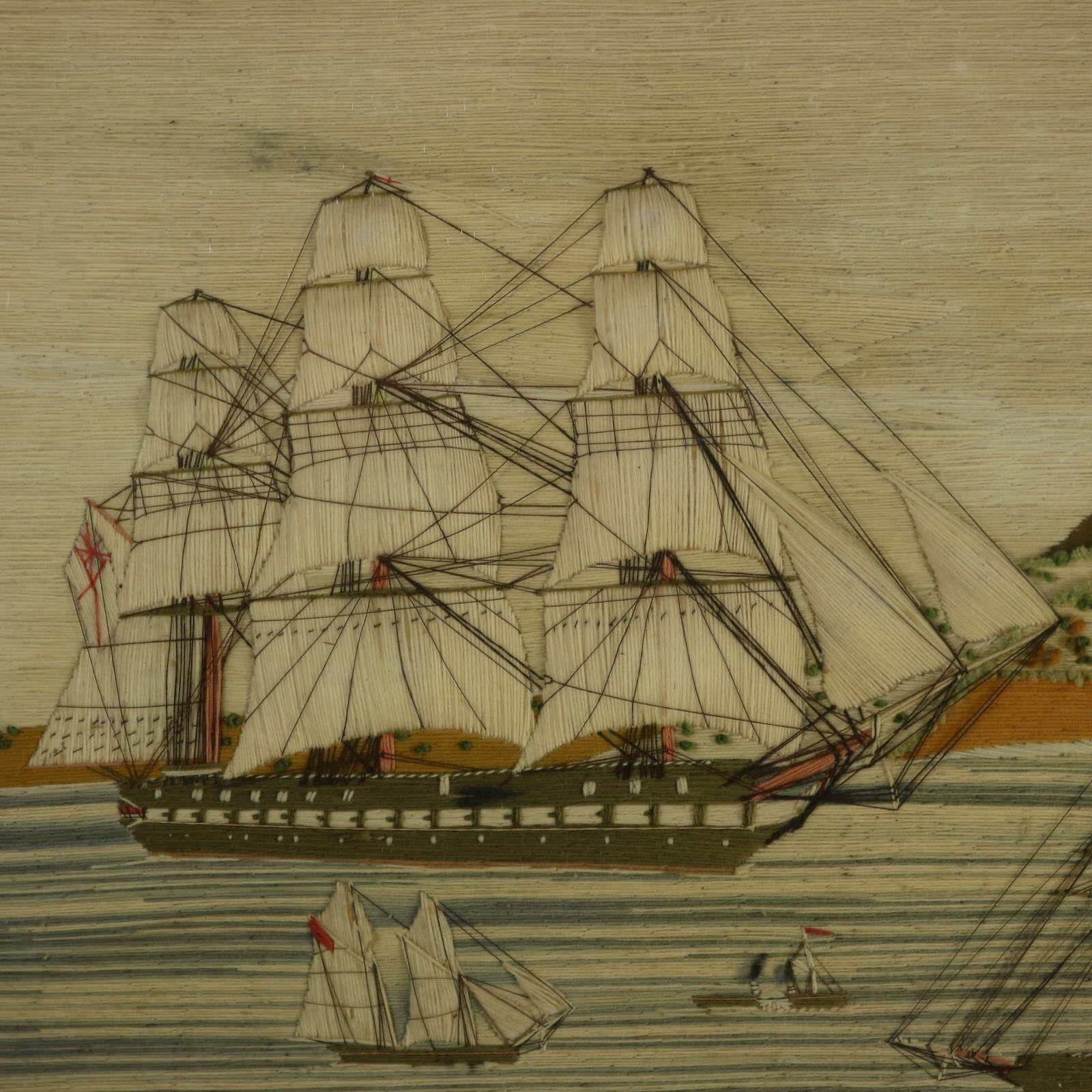 Mid-19th Century Victorian Sailor's Woolwork Picture of Ships in a Bay For Sale