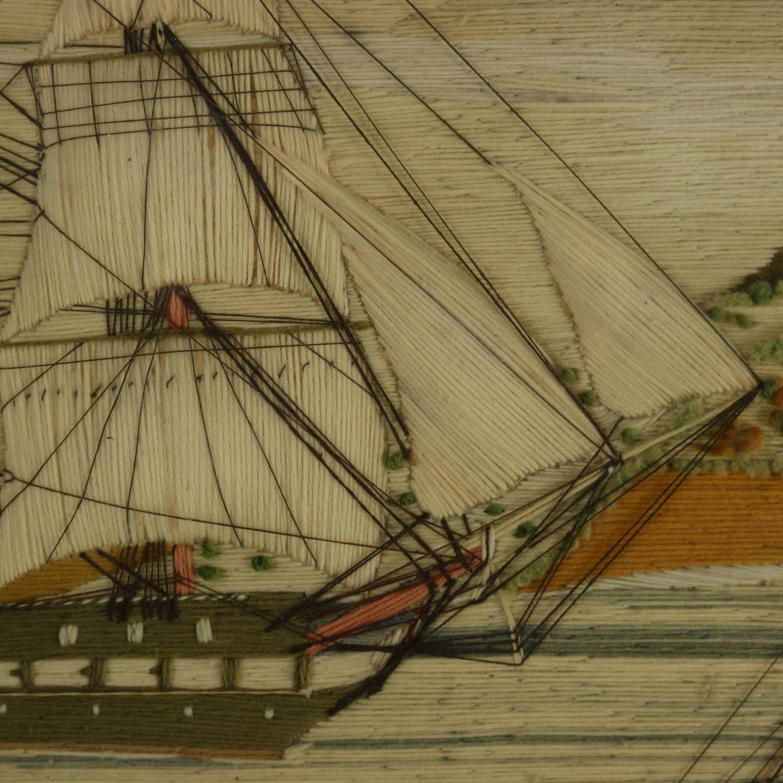 Victorian Sailor's Woolwork Picture of Ships in a Bay For Sale 4