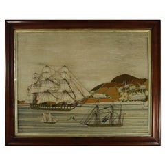 Cuadro de lana de marinero victoriano de barcos en una bahía