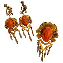 Victorian Salmon Coral 2-Piece Cameo Brooch and Earring 14 Karat Yellow Gold Set