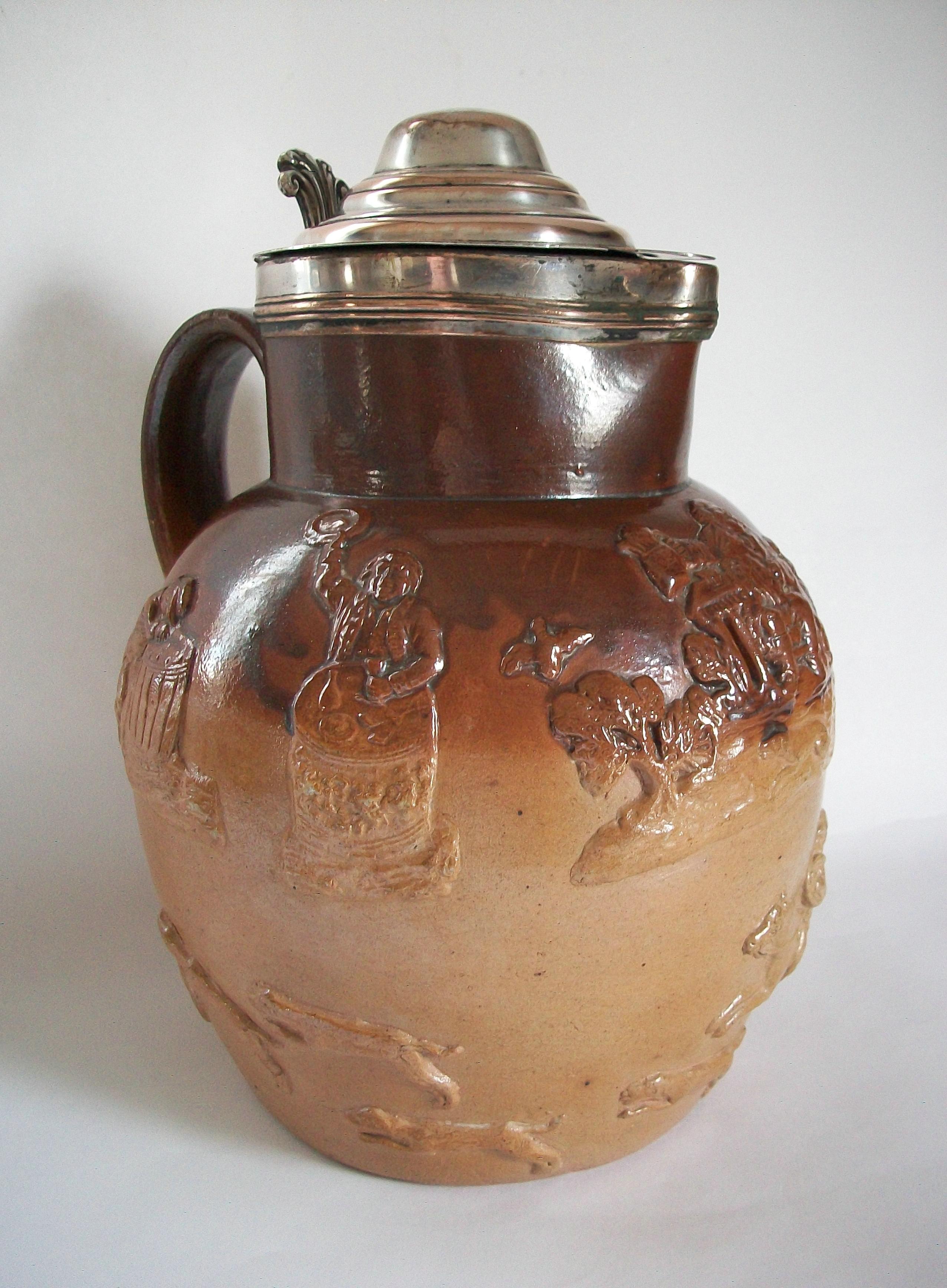 British Victorian Salt Glaze Pitcher with Prince of Wales Feathers, U.K, 19th Century For Sale