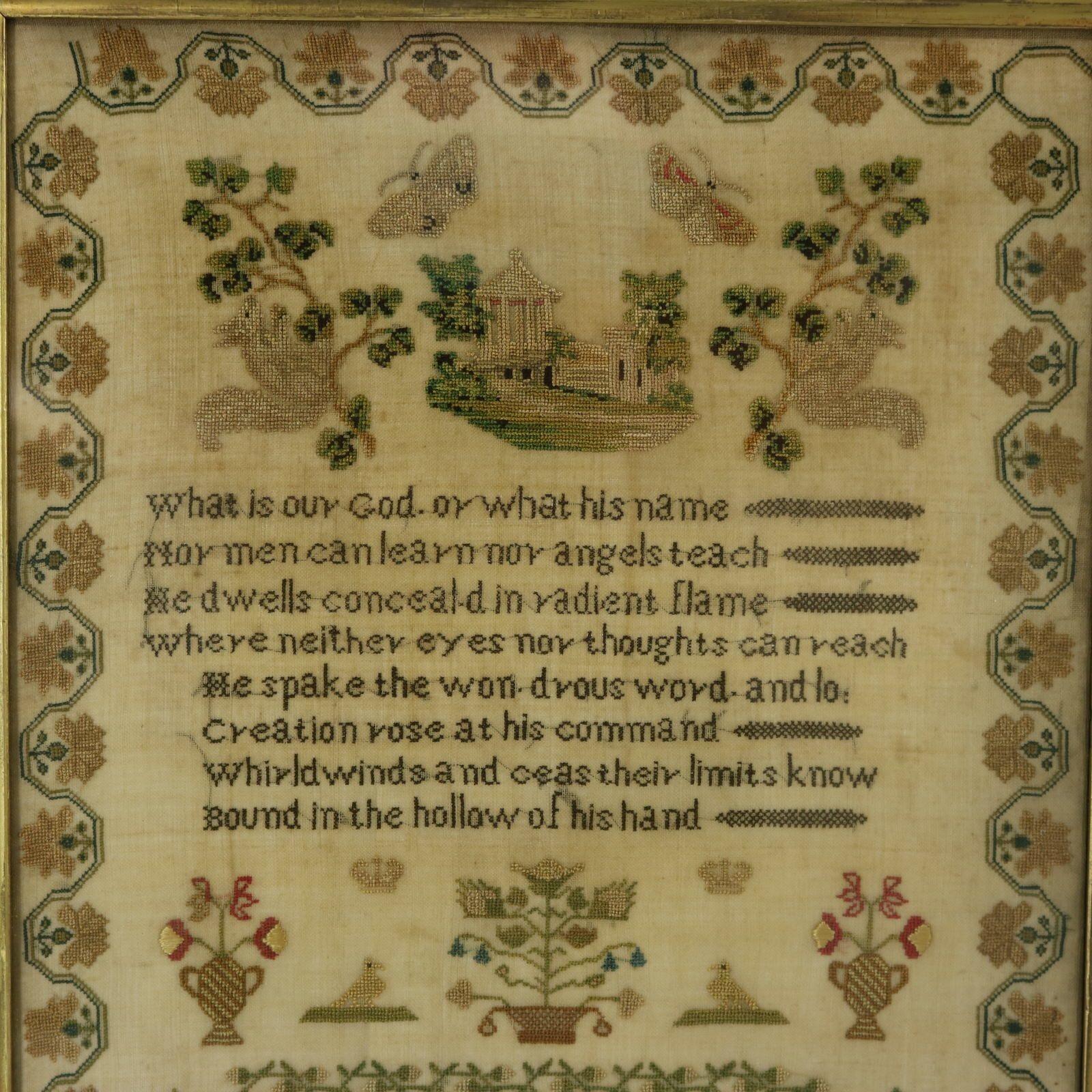 Victorian Sampler, 1839, by Emma Kite. The sampler is worked in silk threads on a linen ground. Meandering floral border. Colours green, blue, light brown, silver, black, gold and red. Verse reads, 'What is our God or what his name, Nor men can