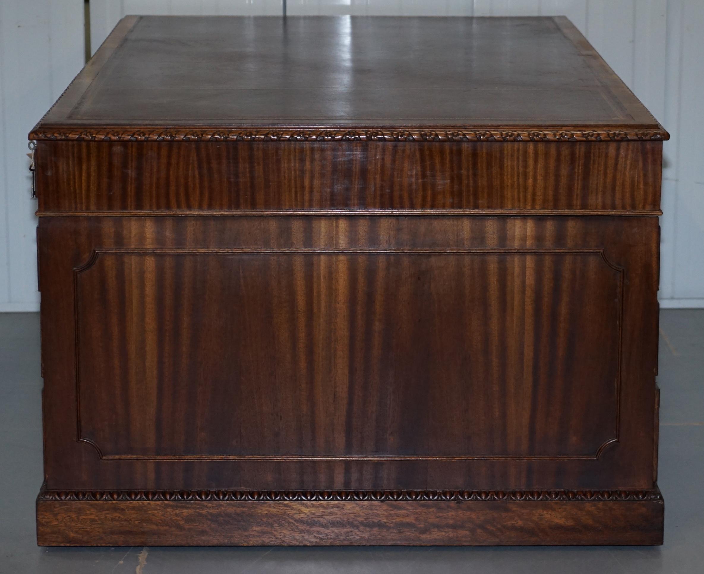 Victorian Sapele Wood Double Sided Twin Pedestal Partner Desk Brown Leather Top 3