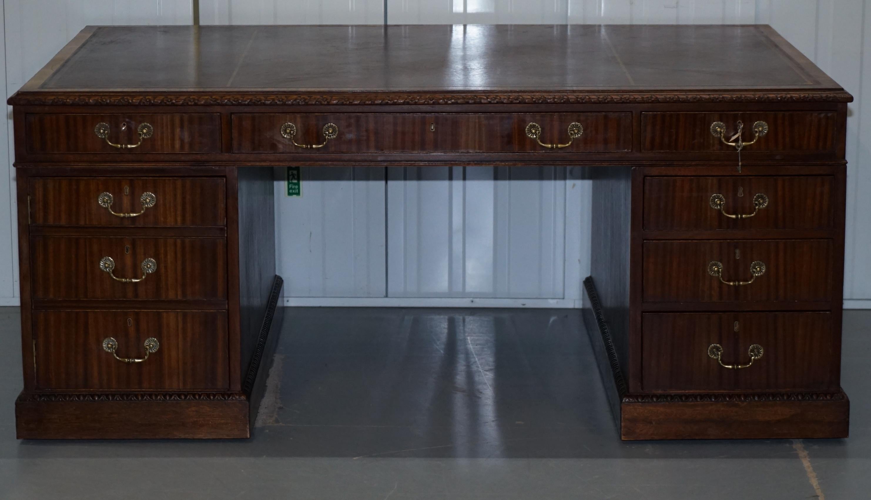 Victorian Sapele Wood Double Sided Twin Pedestal Partner Desk Brown Leather Top 4