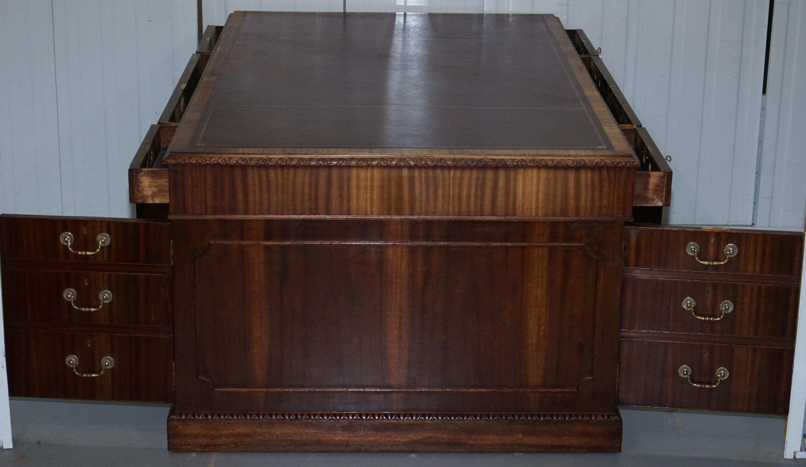 Victorian Sapele Wood Double Sided Twin Pedestal Partner Desk Brown Leather Top 5
