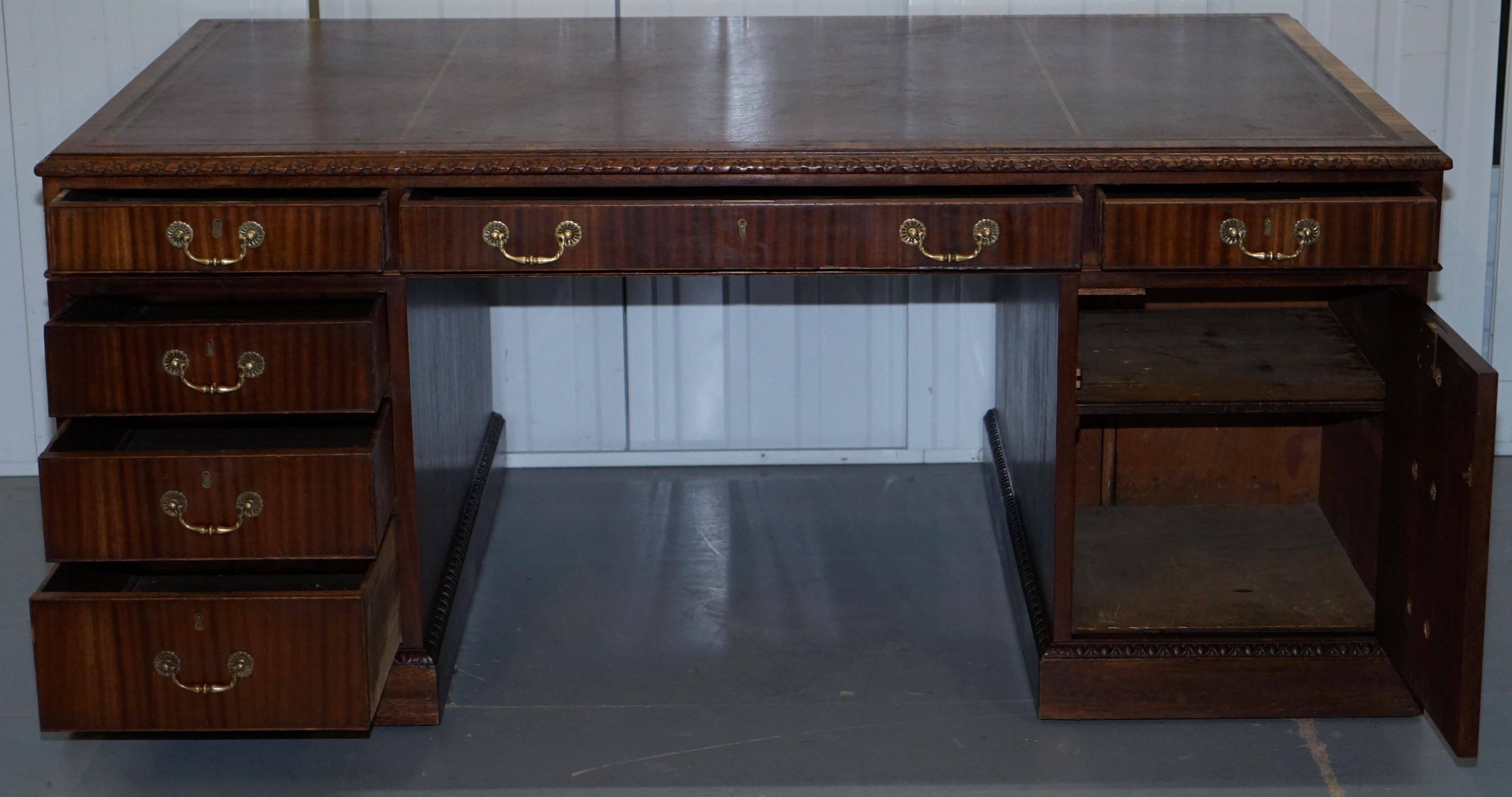 Victorian Sapele Wood Double Sided Twin Pedestal Partner Desk Brown Leather Top 6