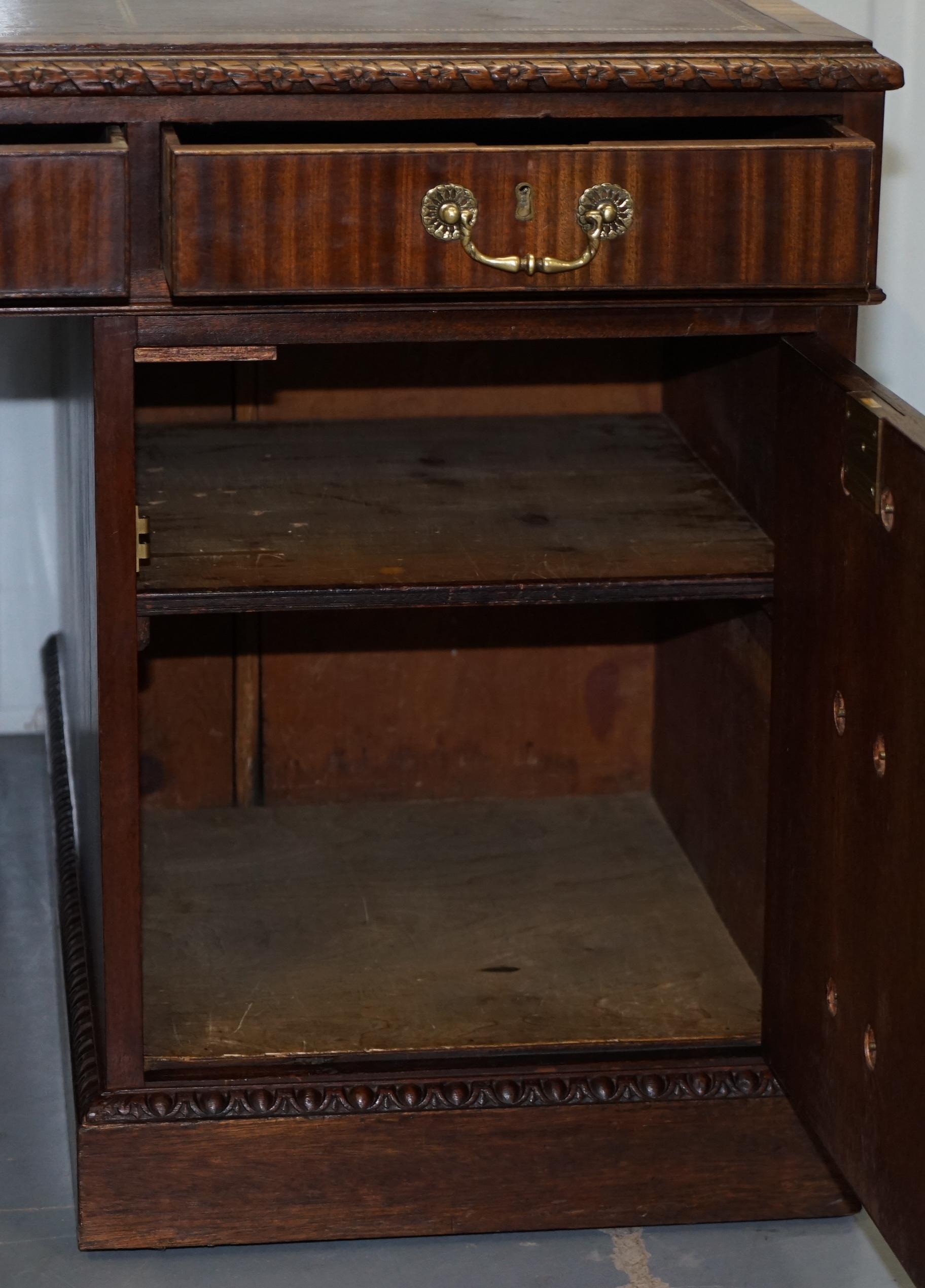 Victorian Sapele Wood Double Sided Twin Pedestal Partner Desk Brown Leather Top 7