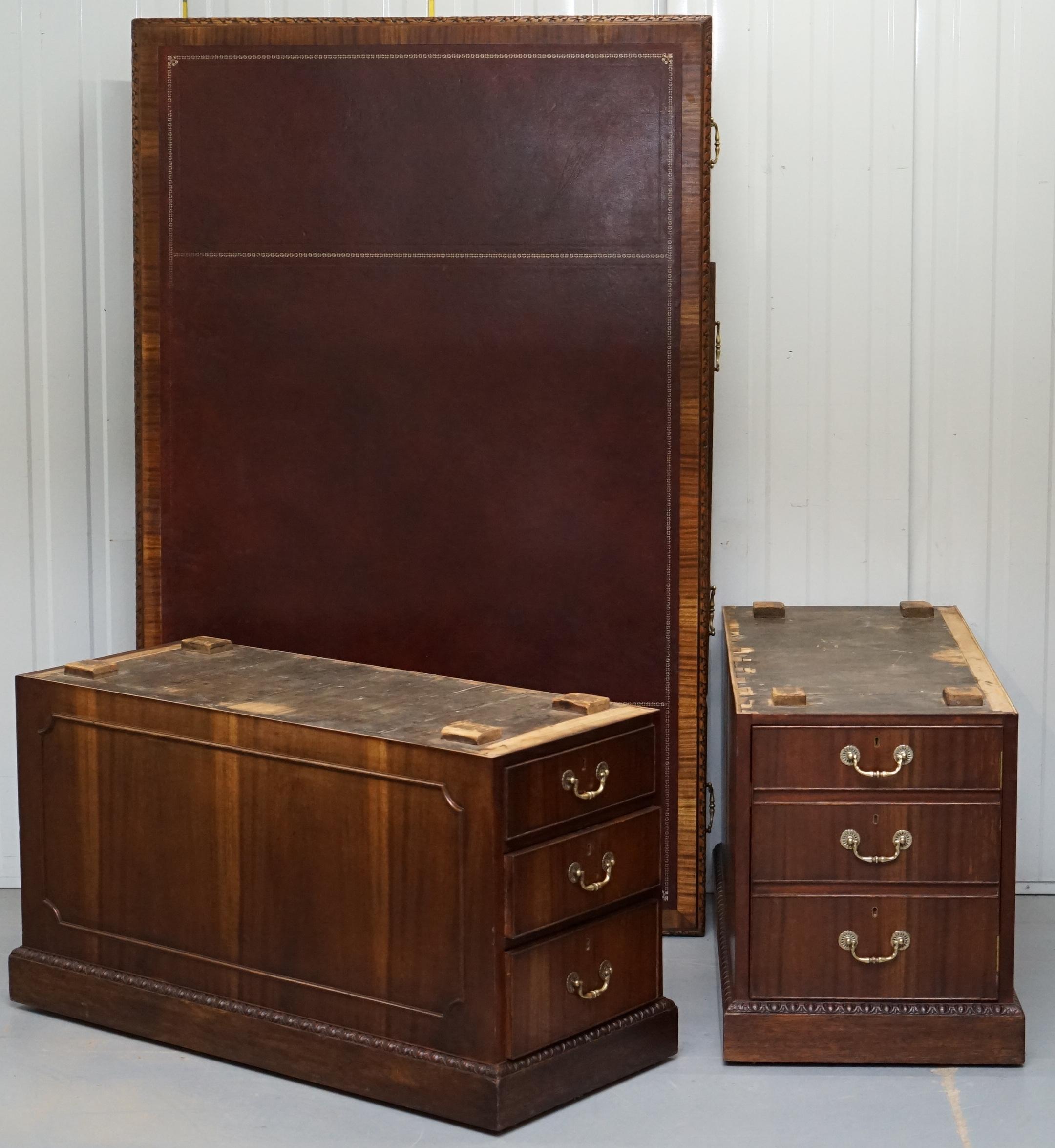 Victorian Sapele Wood Double Sided Twin Pedestal Partner Desk Brown Leather Top 12