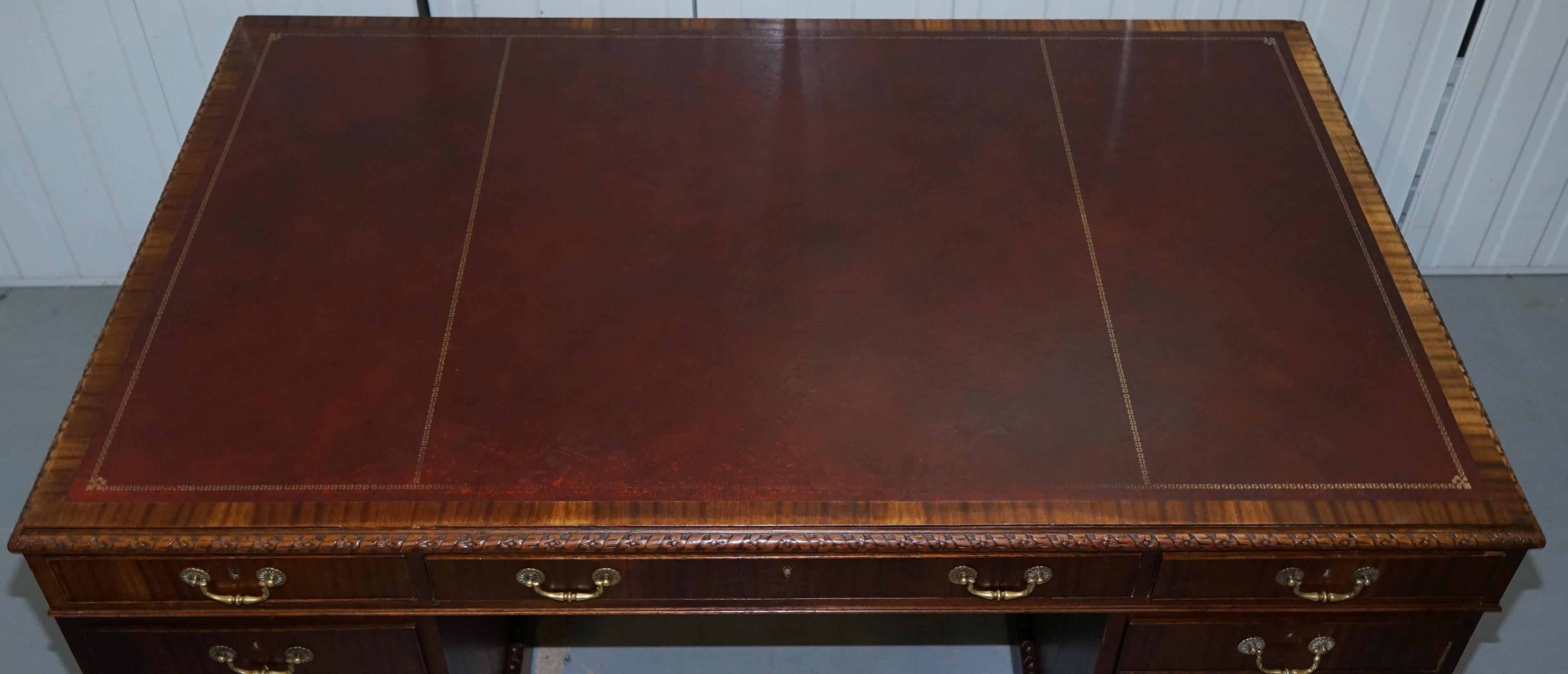 English Victorian Sapele Wood Double Sided Twin Pedestal Partner Desk Brown Leather Top