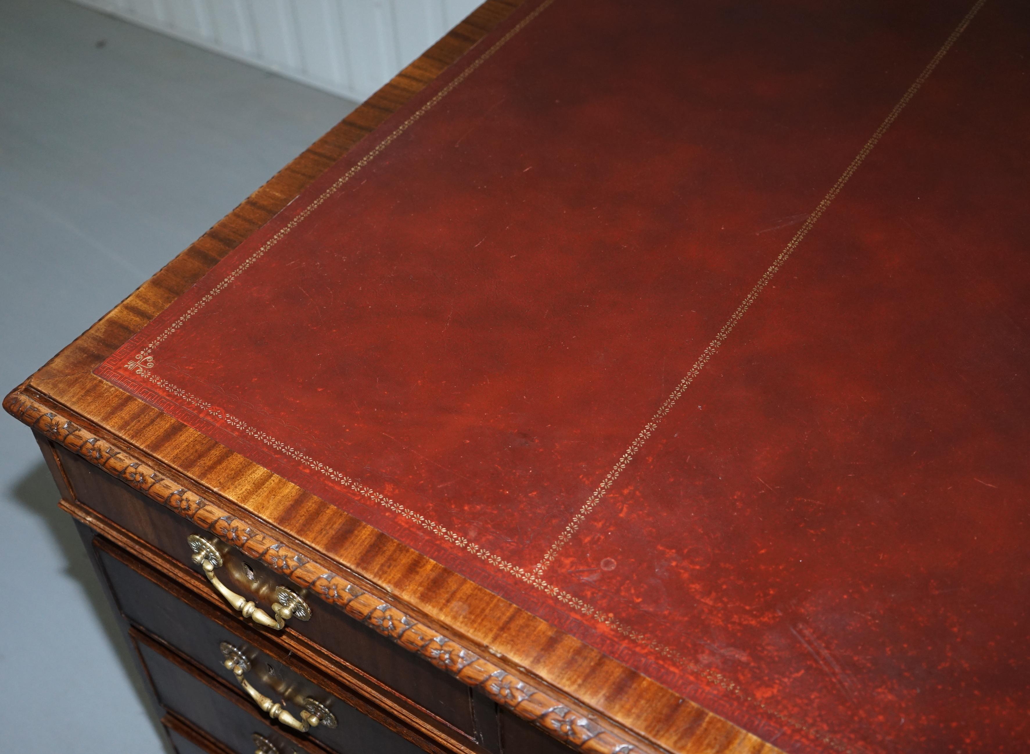Hand-Crafted Victorian Sapele Wood Double Sided Twin Pedestal Partner Desk Brown Leather Top
