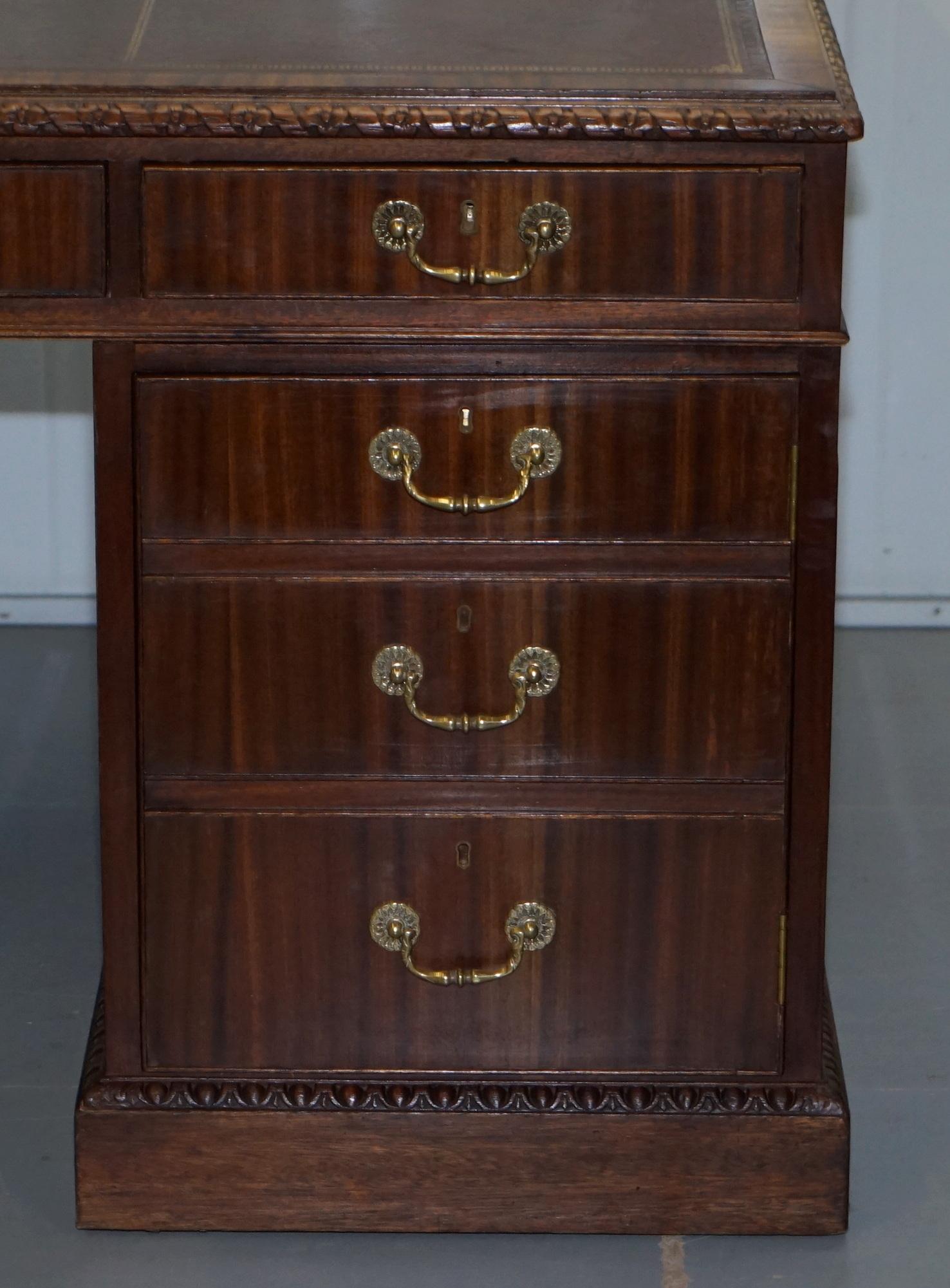 19th Century Victorian Sapele Wood Double Sided Twin Pedestal Partner Desk Brown Leather Top