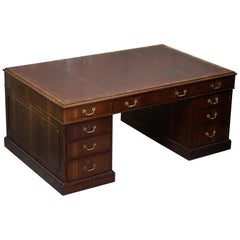 Victorian Sapele Wood Double Sided Twin Pedestal Partner Desk Brown Leather Top