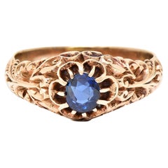 Victorian Sapphire 14 Karat Rose Gold Belcher Scrolling Heart Antique Ring